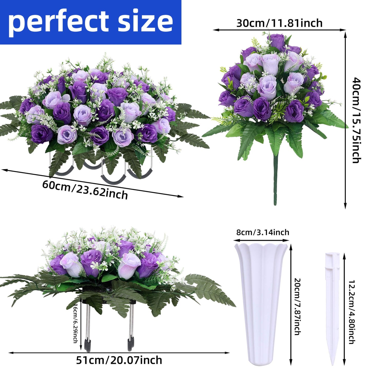 Lodou 3 Sets Cemetery Flowers for Grave,Headstone Flower Saddle,Grave Memorial Flowers with Vase for Cemetery Headstones Decoration(Purple)