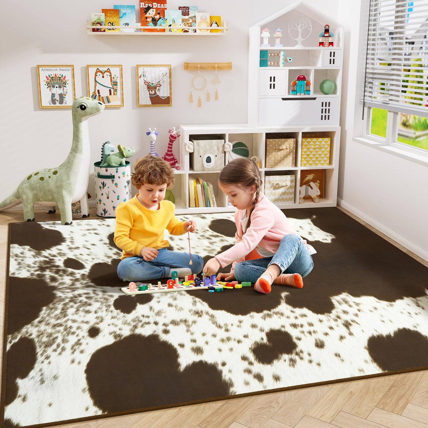 Amearea Faux Cowhide Rugs for Living Room, 5x7 Feet Machine Washable Cow Print Area Rug for Bedroom, Premium Western Home Decor Animal Print Non-Slip Throw Rug Carpet for Dining Room Kitchen Office