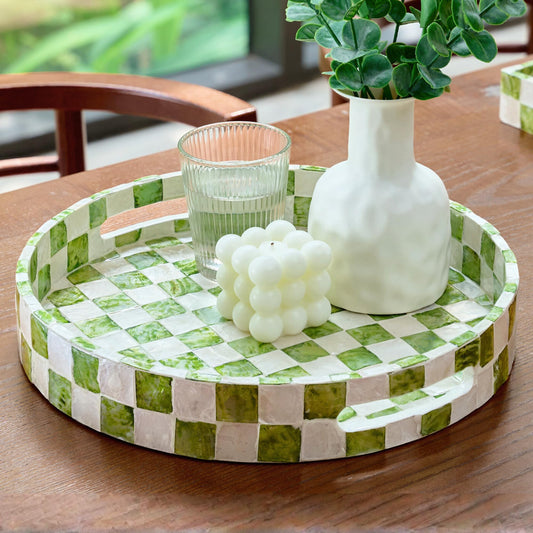 CHI AN HOME 12.6" Round Decorative Tray with Handles, Checkered Capiz Mother of Pearl Serving Tray for Coffee Table, Kitchen Counter, or Bathroom (Pistachio Green and White)