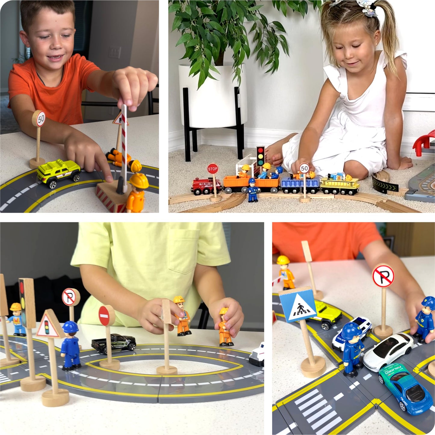 20-Piece Set Wooden Road Signs for Kids – Traffic Signs with Action Figures for Kids - Traffic Lights, Street Signs, Stop Sign, Toy People, Construction Workers, Community Helpers & Police Figures