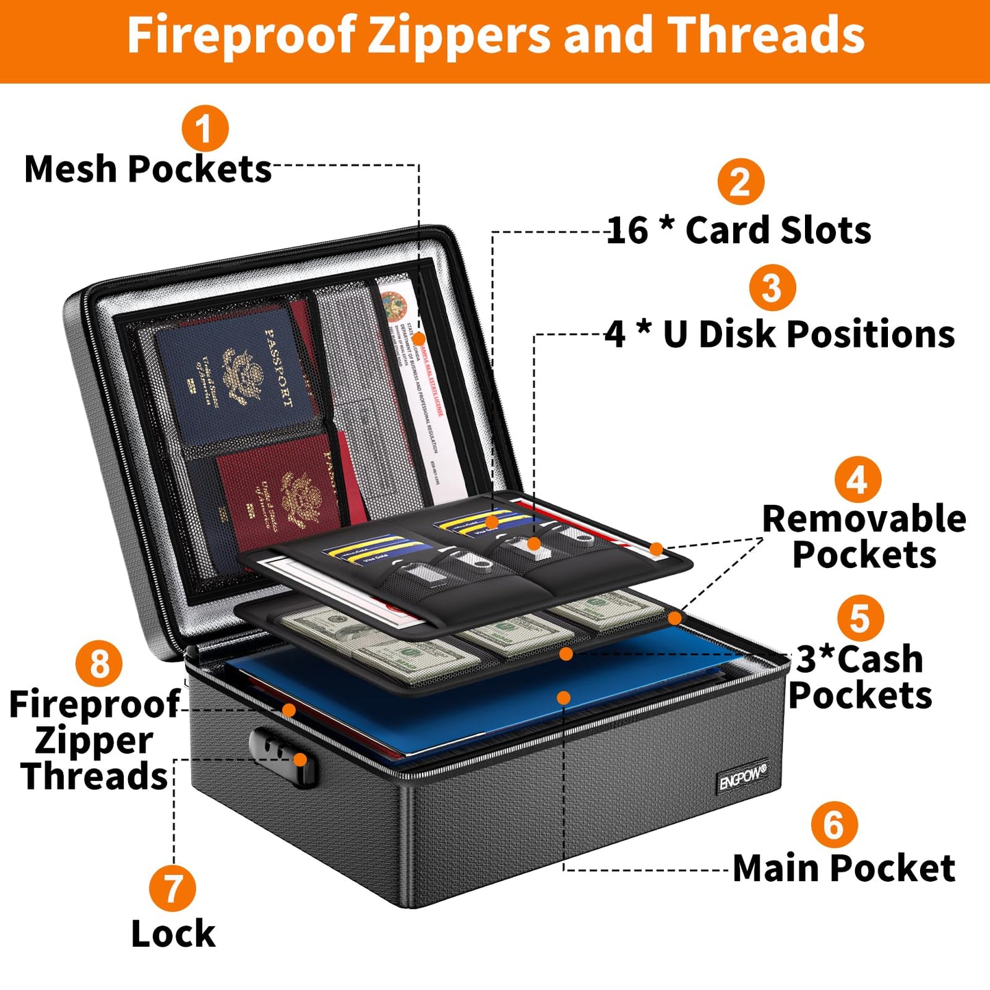 ENGPOW Fireproof Document Box, Hard Case File Box with Fireproof Zipper＆Lock, 6400°F Heat Insulated Fire and Water Resistant Portable File Organizer Storage Home Safe for Documents Laptop Cash Black