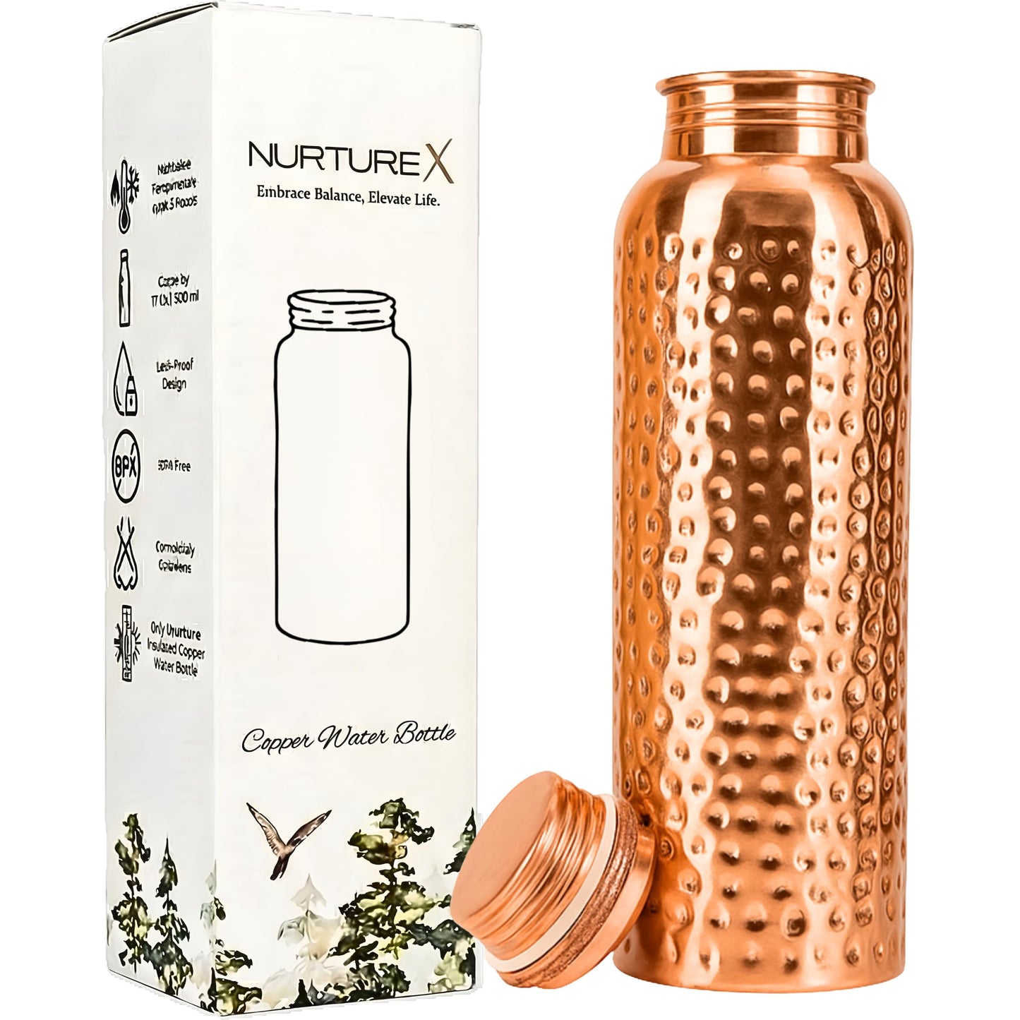 NurtureX Copper Water Bottle, 34 Oz / 1 Liter, ANTI-TARNISH Protective Coating, Leak-Proof, Joint-Free, Handcrafted, Eco-Friendly & Ayurvedic Drinkware for Yoga, Gym & Office - Hammered
