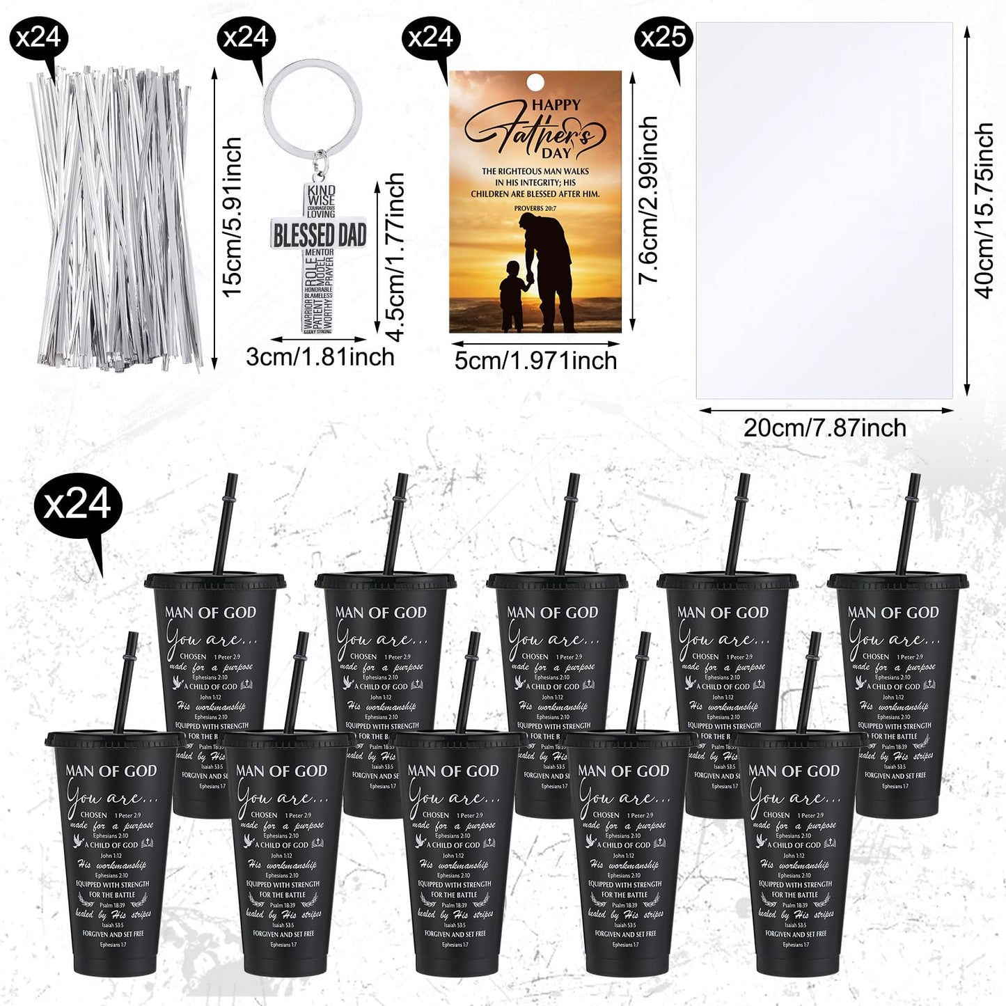 Skylety 24 Sets Father's Day Cup Gift Set Inspirational Christian Gift Bible Verse Tumbler Bulk Cups with Lids and Straws 24 oz Plastic Tumbler Religious Plastic Cup for Church Party Favor