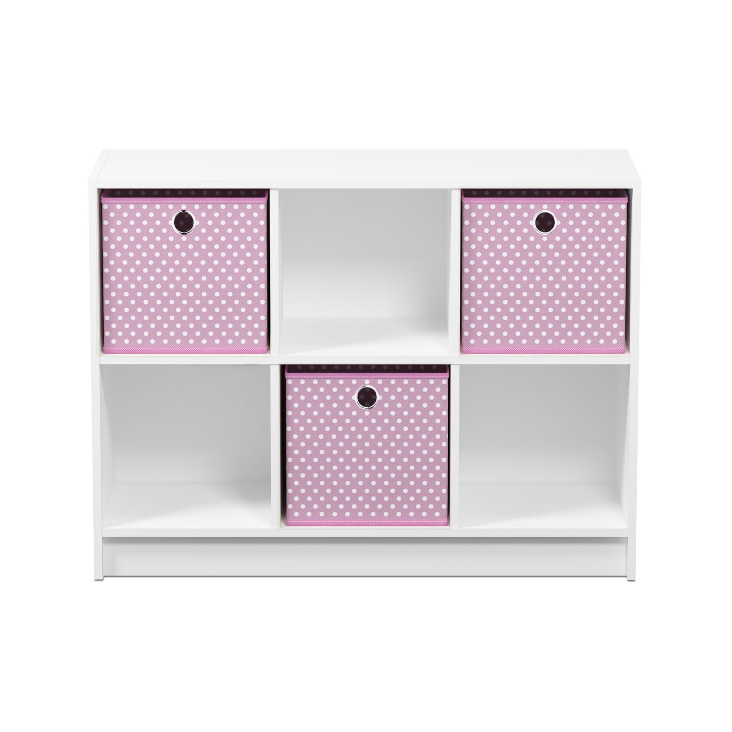 Furinno BASIC Book Shelf, 6-Cube Bookshelf with Open Shelf, 3 x 2 Bookcase with Storage Bins, Closed Back, Horizontal, 11.9 x 31.6 x 23.6, for Living Room, Bedroom, Home Office, White/Pink