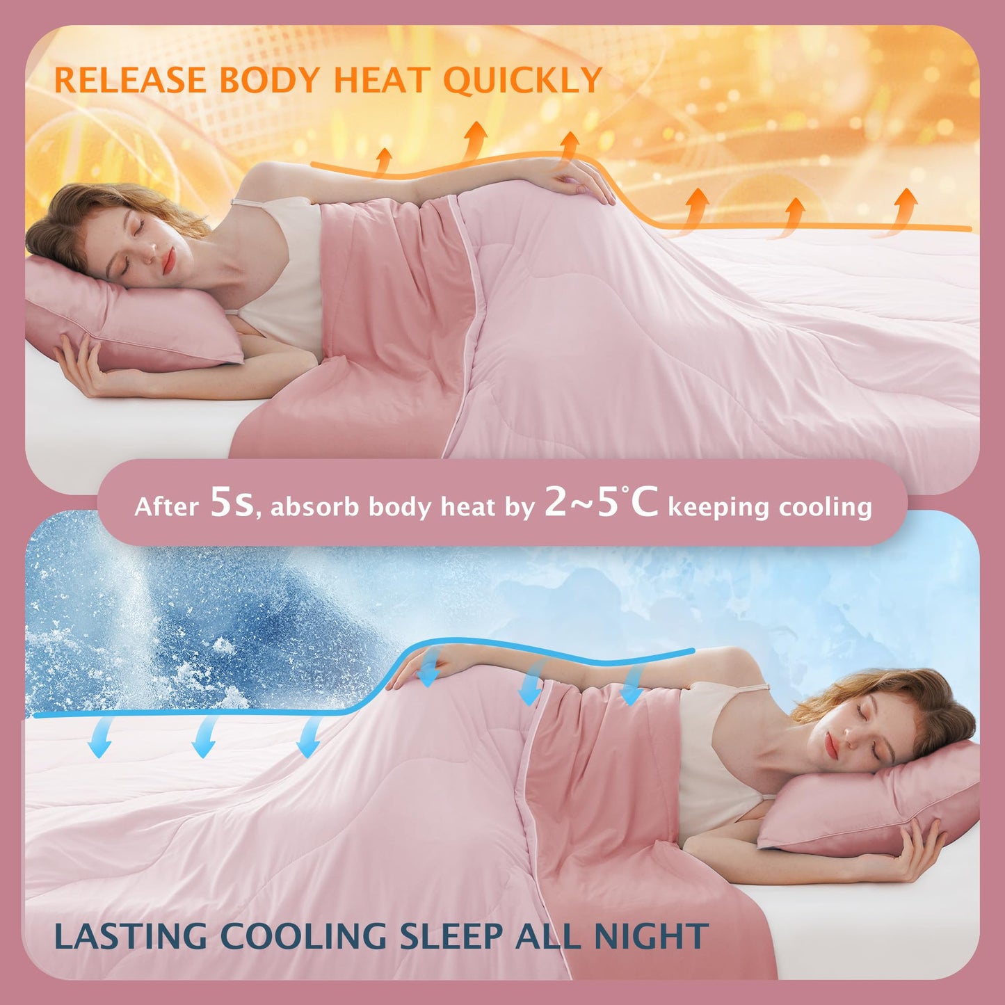 BEAUTEX Cooling Comforter Queen Size - Double Sided Cool Blanket for Hot Sleepers and Night Sweats, Q-Max>0.45, Breathable Lightweight Silky Summer Ice Blankets for All Season (Pink, 90" x 90")