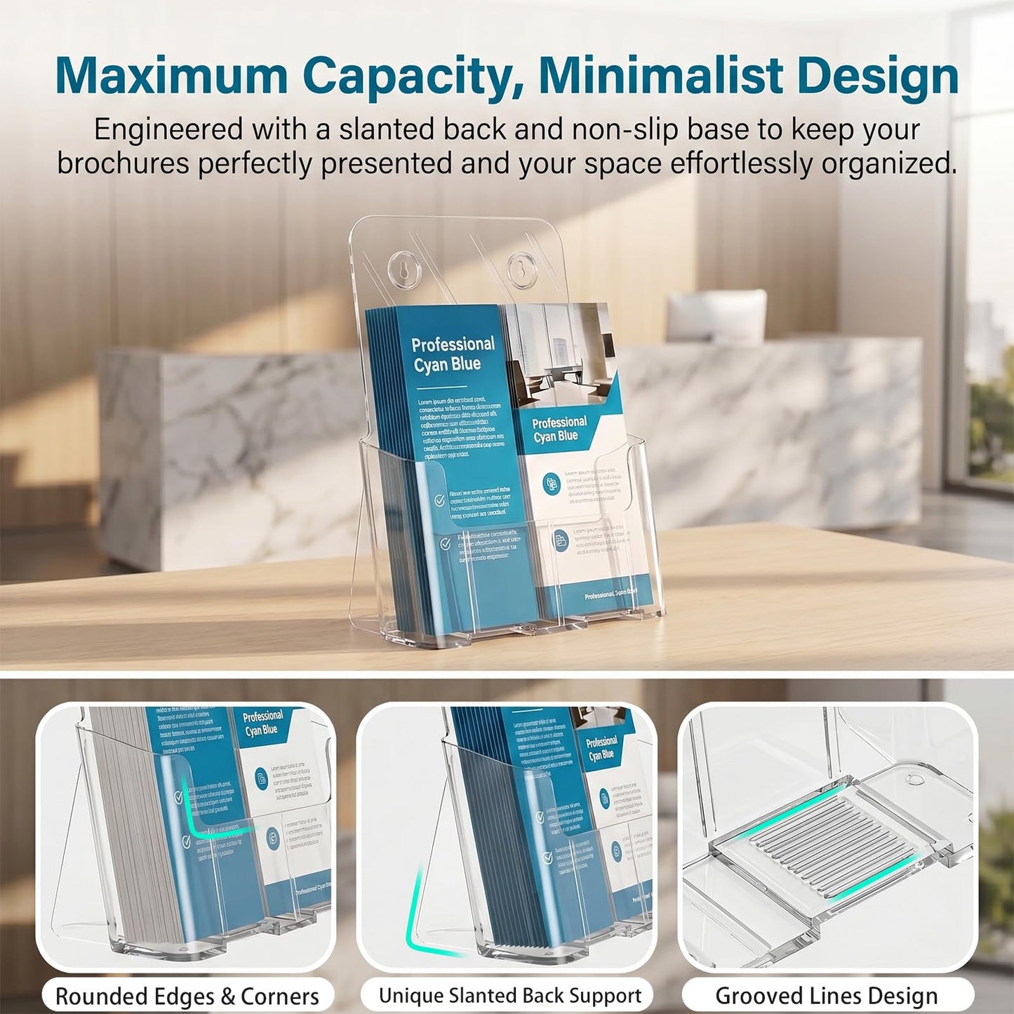 Argvey Acrylic Brochure Holder 8.5 x 11 inches, 4 Pack Clear Brochure Display Stand with Removable Divider for Trifold 4 Inches Wide Pamphlet, Plastic Flyer Holder for Magazine, Literature, Booklet