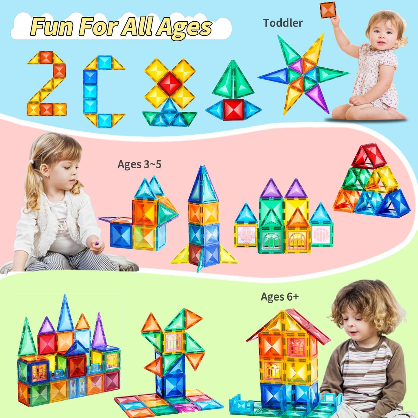TOKBLOK Clear Diamond Magnetic Tiles – 64-Piece STEM Learning Building Blocks for Kids Ages 3-8 | Educational Montessori Toy for Toddlers, Boys & Girls (Starter Set)