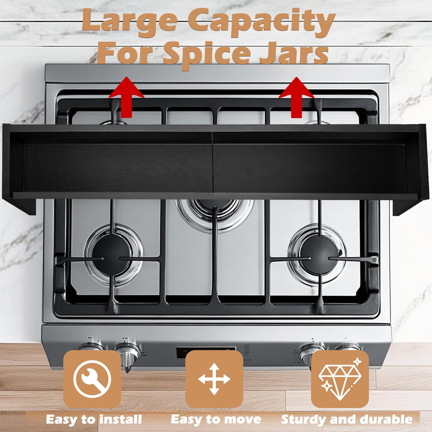 koretech Over The Stove Shelf, Wood Stove Top Shelf,31.5" Stove Top Organizer Shelves with 6 Hooks,11.5" Height Over Stove Spice Rack for Kitchen, Black