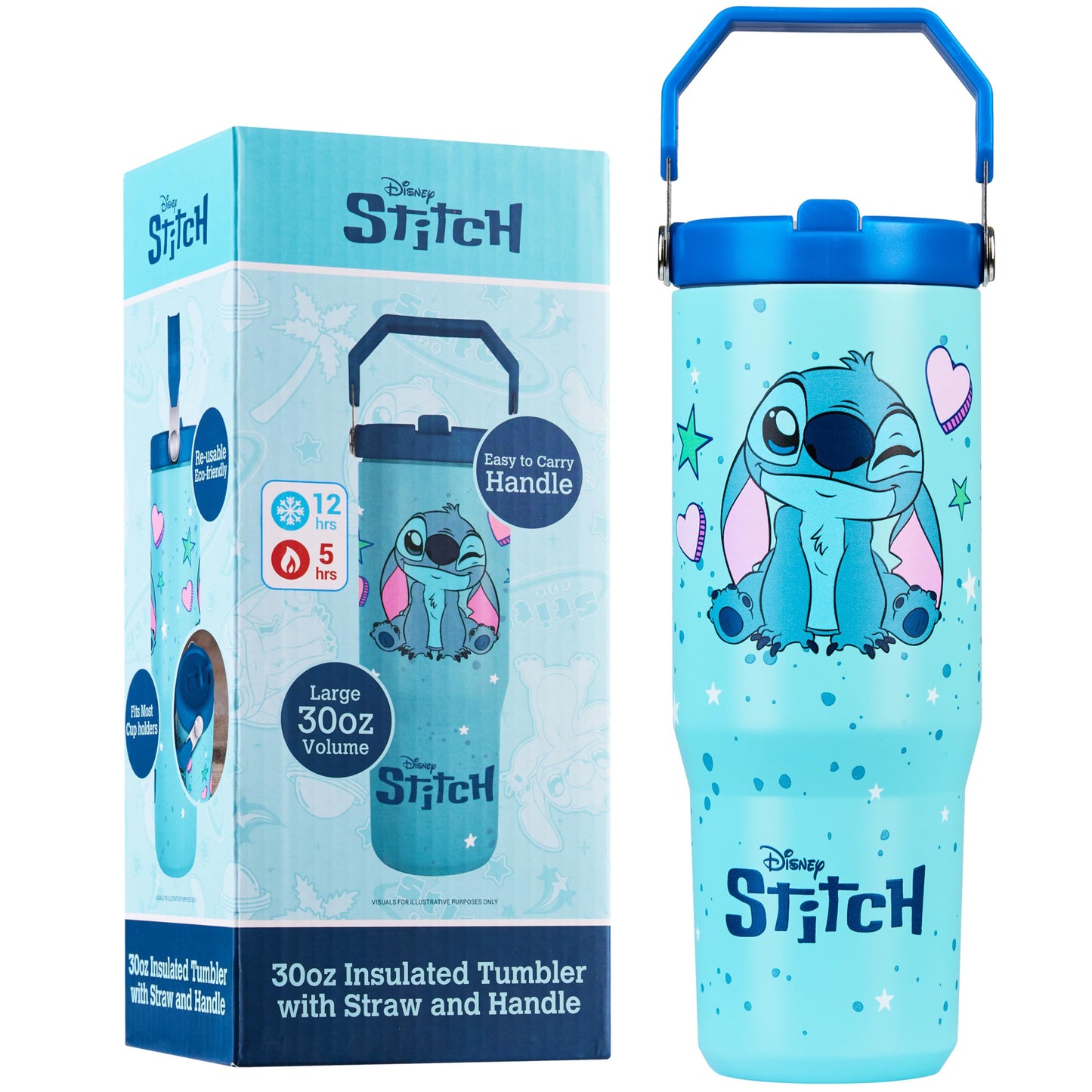 Get Trend Disney Stitch Tumbler with Straw 30oz Kids Teens Insulated Cup with Lid Handle Travel Mug Cups with Lids for School Sports Gifts for Kids (Blue Stitch)