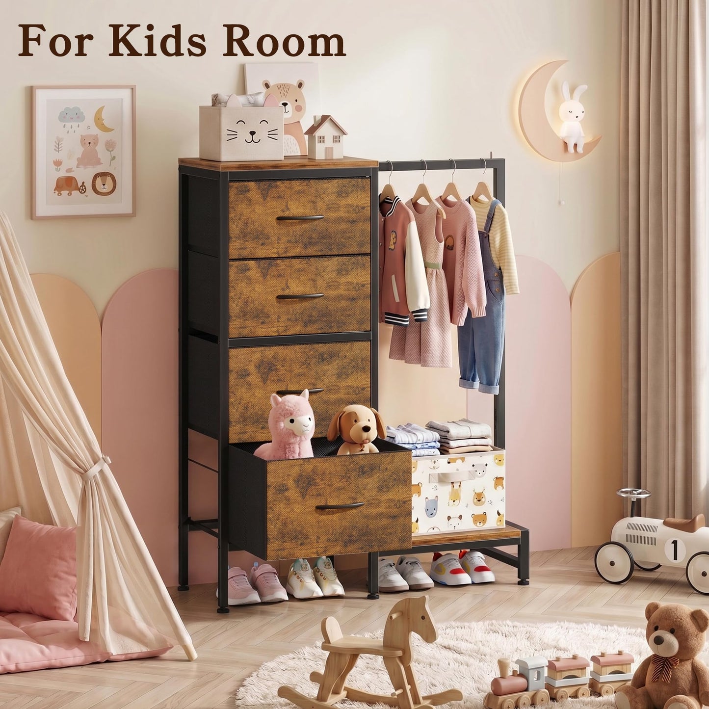 HIGDBFE Dresser with Hanging Rack, 4 Drawers Small Closet for Bedroom, Reversible Fabric Kids Chest of Drawers with Clothes Rack, Tall Storage Tower, Sturdy Frame, Rustic Brown, 44''H