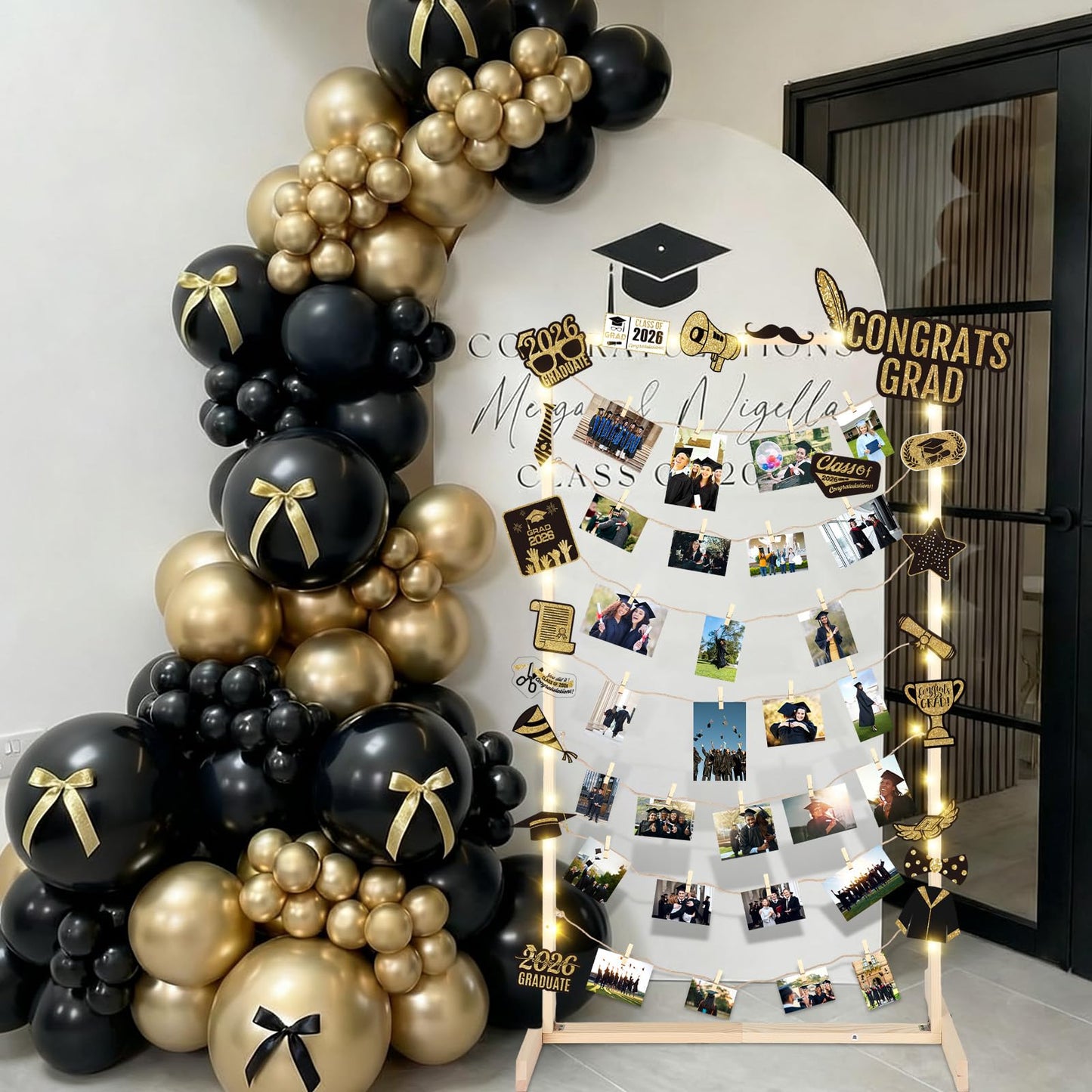 Colingmill 47 Inch Wooden Graduation Picture Display Frames Board Graduation Decorations Class of 2026 Standing Collage Picture Frame with String Light 30 Metal Clips for Grad Photo Party Decor