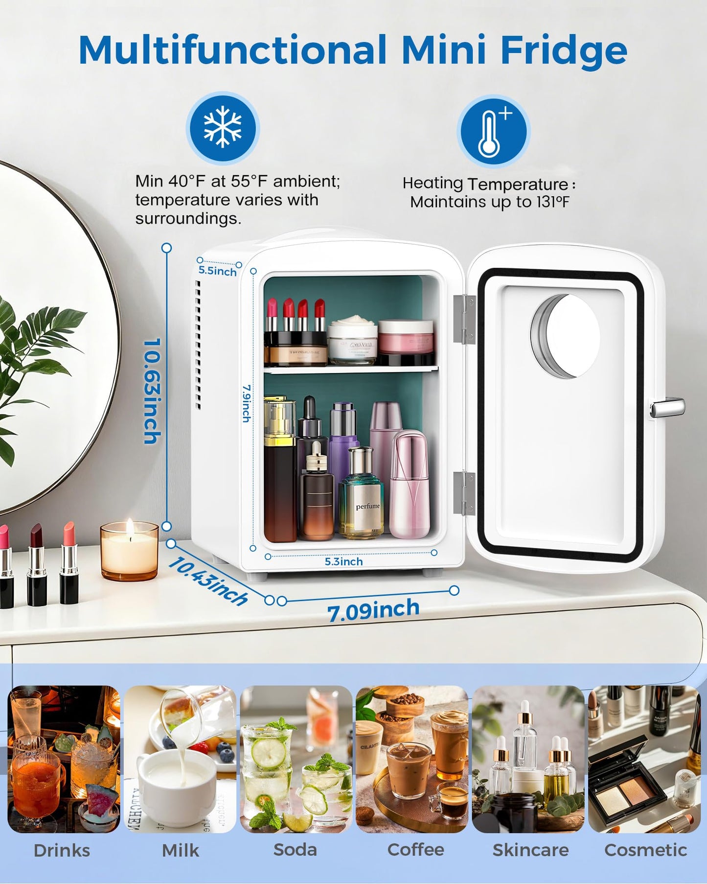 Electactic Mini Fridge for Bedroom, 4L/6 Cans Small Cosmetic Fridge for Skincare, Makeup & Drink, With Observation Window, Portable Desk Fridge Cooler and Warmer for Kids, Car, Office, Dorm, White