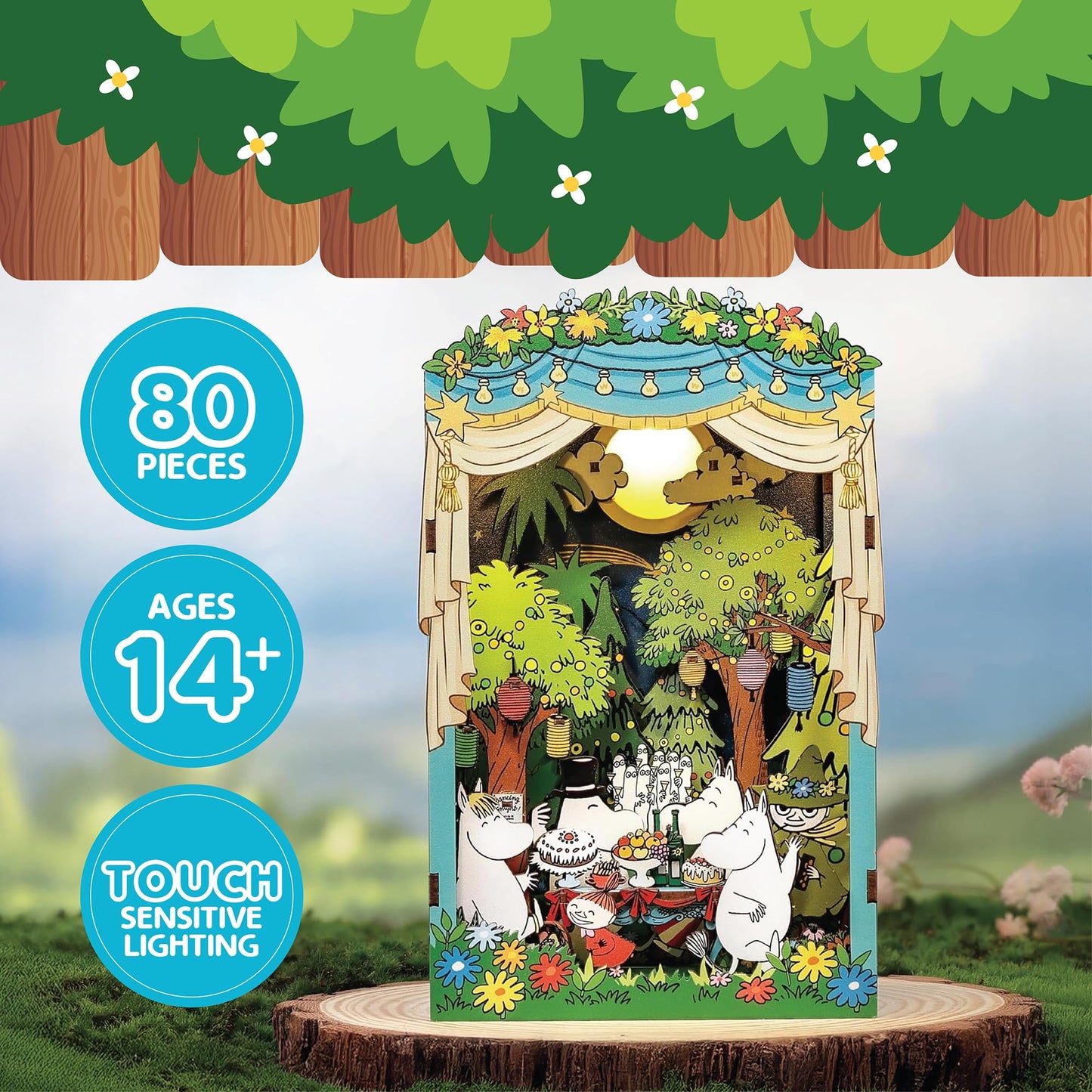 Hands Craft Moomin Moominous Dance Party Book Nook Kit – Fun 3D Puzzle with Touch LED Lights – DIY Wooden Craft Kit for Bookshelf Decor & Gifts – Features Moomintroll & Friends from Moomin Valley