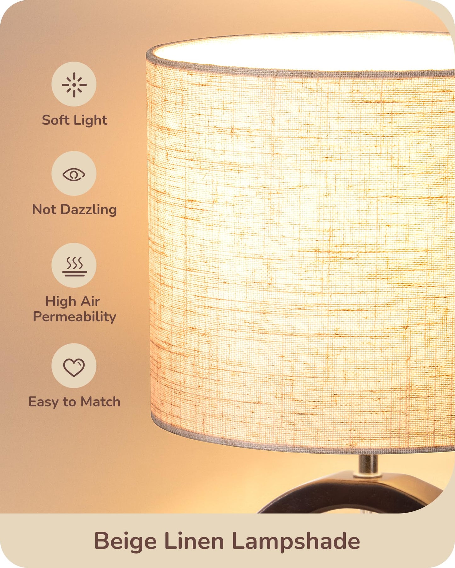 EDISHINE 13.4" Samll Wood Table Lamp, Modern Bedside Lamp with Beige Linen Lampshade & ON-Off Switch, E26 Base, Nightstand Lamp for Living Room, Bedroom, Dark Walnut