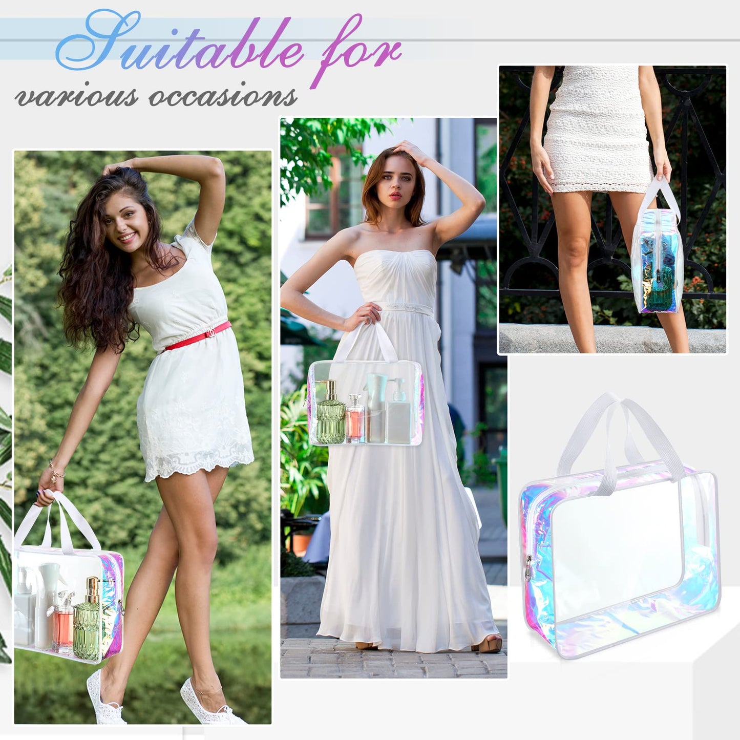 Sweetude 10 Pcs Large Clear Toiletry Bag Large Capacity Travel Makeup Bag PVC Clear Plastic Tote Bag Iridescent Cosmetic Bag Cosmetic Clothes Organizer Bag for Women Men