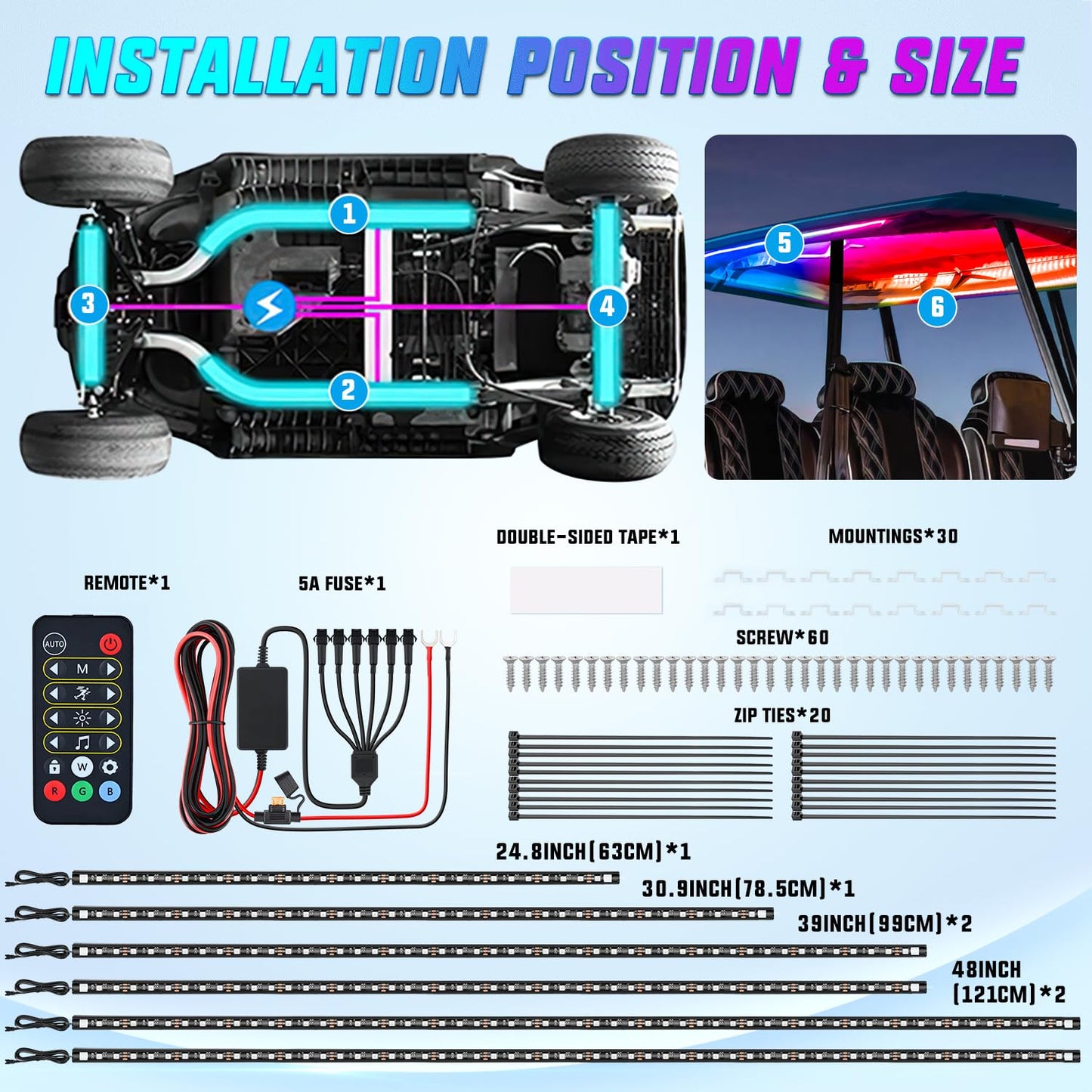 Nilight 6PCS Golf Cart Underbody Light Kit with Canopy Lights Dream Color Multi-Mode Neon Accent Lighting APP Remote Control Sound Active Music Sync IP67 Waterproof 12V-65V for EZGO Yamaha Club Car