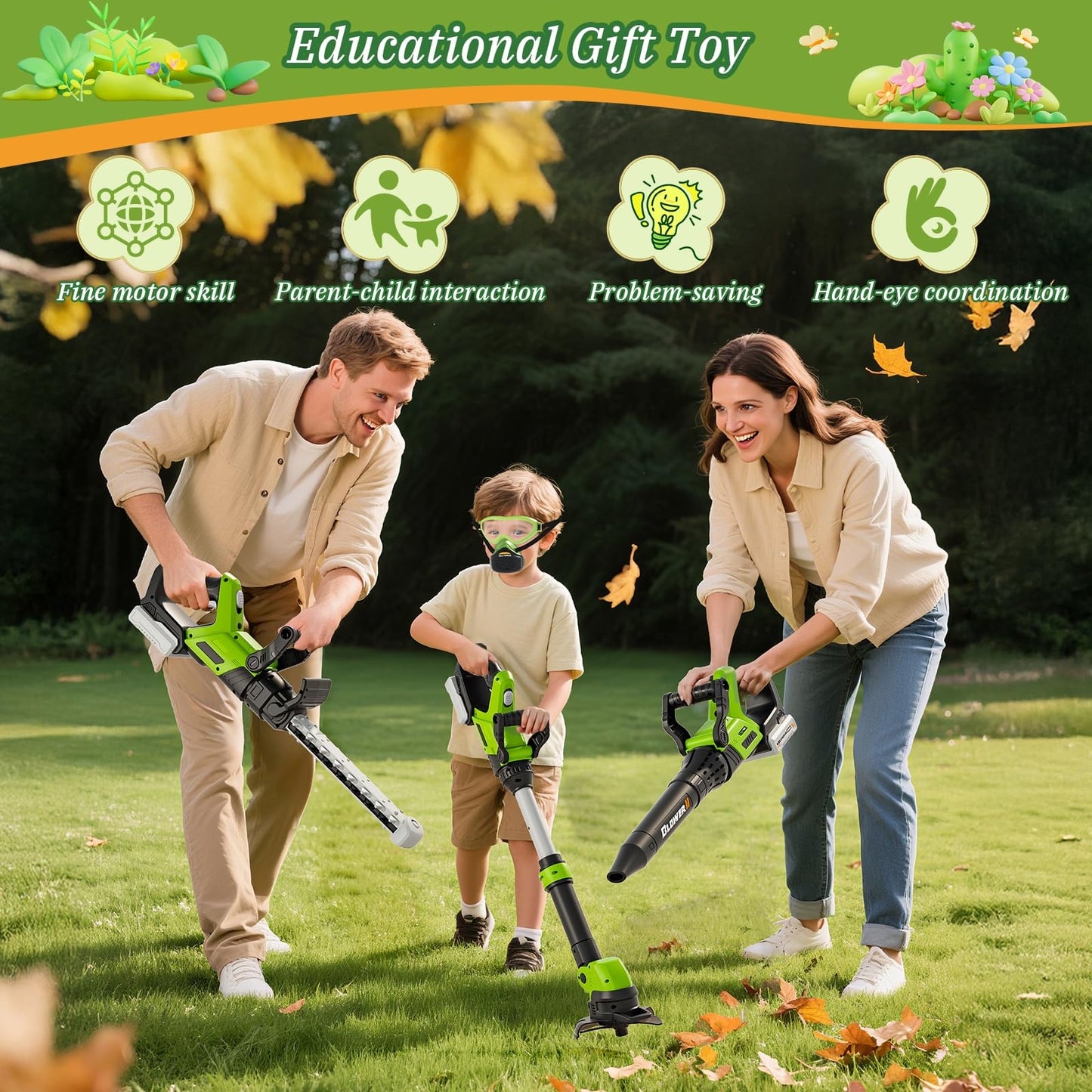 MUZREES Kids Tool Set, 3 in 1 Garden Tools for Toddlers with Sounds and Lights, Volume Control, Toy Grass Trimmer, Leaf Blower and Hedge Trimmer, Toy Garden Tools for Outdoor