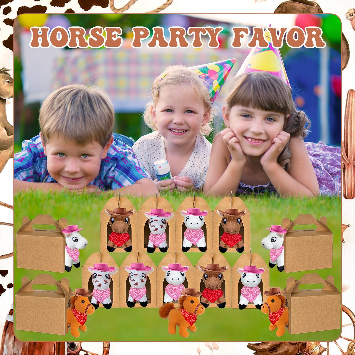 Jiytivity 48 Pcs Adopt a Horse Animal Party Favors Include 12 Mini Stuffed Horse 12 Boxes 12 Hats 12 Scarves for Adopt a Grassland Animal Party Favor Pet Birthday Supply Gifts