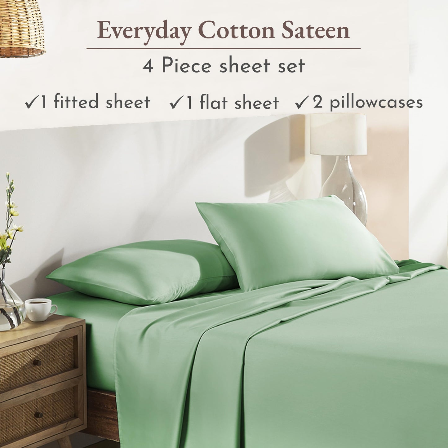 California Design Den Deep Pocket Queen Sheets Set - Natural 100% Cotton Bed Sheets, Soft Sateen Weave, All Around Elastic, Breathable and Durable Bedding - Frosty Green