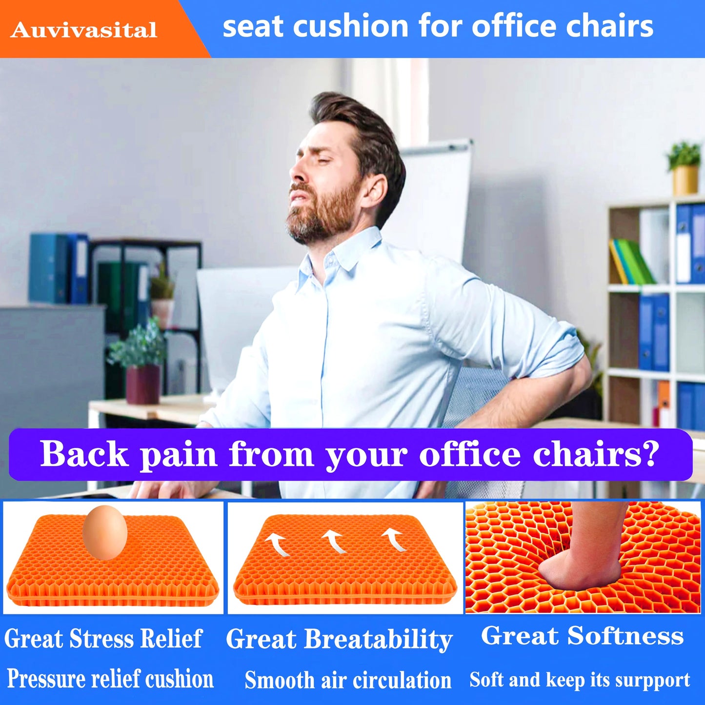 Plus Size Gel Seat Cushion for Long Sitting, Cooling Supportive Large Seat Cushion for Back, Hip, Sciatica, Tailbone Pain Relief, Use for The Office, Wheelchair, Car, Recliner, Stadium, Kayak.(Orange)