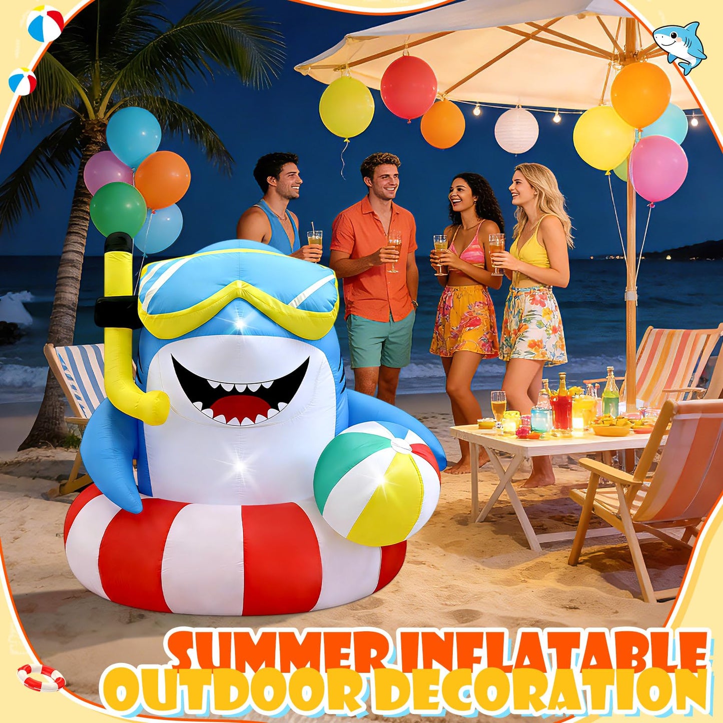4FT Inflatable Shark with Beach Ball for Summer Outdoor Decor, Blow Up Shark Built-in 3 LED Lights for Beach Pool Ocean Party Decorations, Birthday Party Supplies, Yard Garden Indoor Photo Backdrop