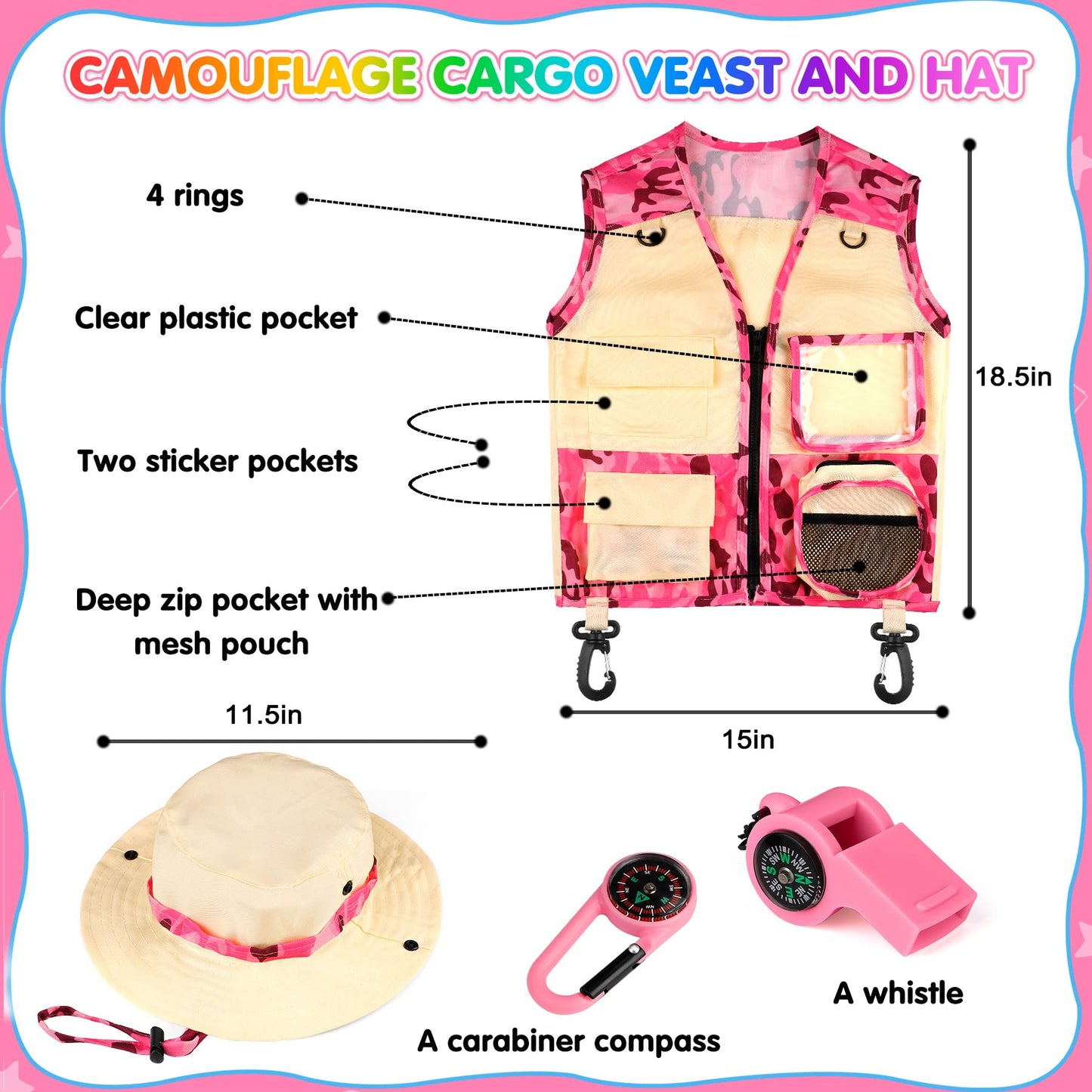 INNOCHEER Kids Explorer Kit - Bug Catcher Kit & Safari Costume for Boys Girls, Outdoor Exploration Set with Butterfly Net Binoculars for Kids 3-12 Years Old (Camouflage Pink)