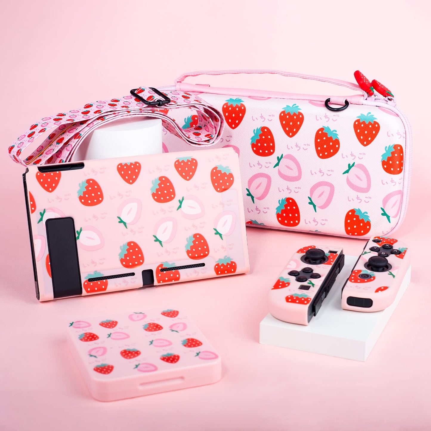 RHOTALL Cute Strawberry Carrying Case for Nintendo Switch, Hard Portable Travel Case for Switch Accessories with Protective Shell, Shoulder Strap, Game Card Case, Screen Protector and 2 Thumb Caps