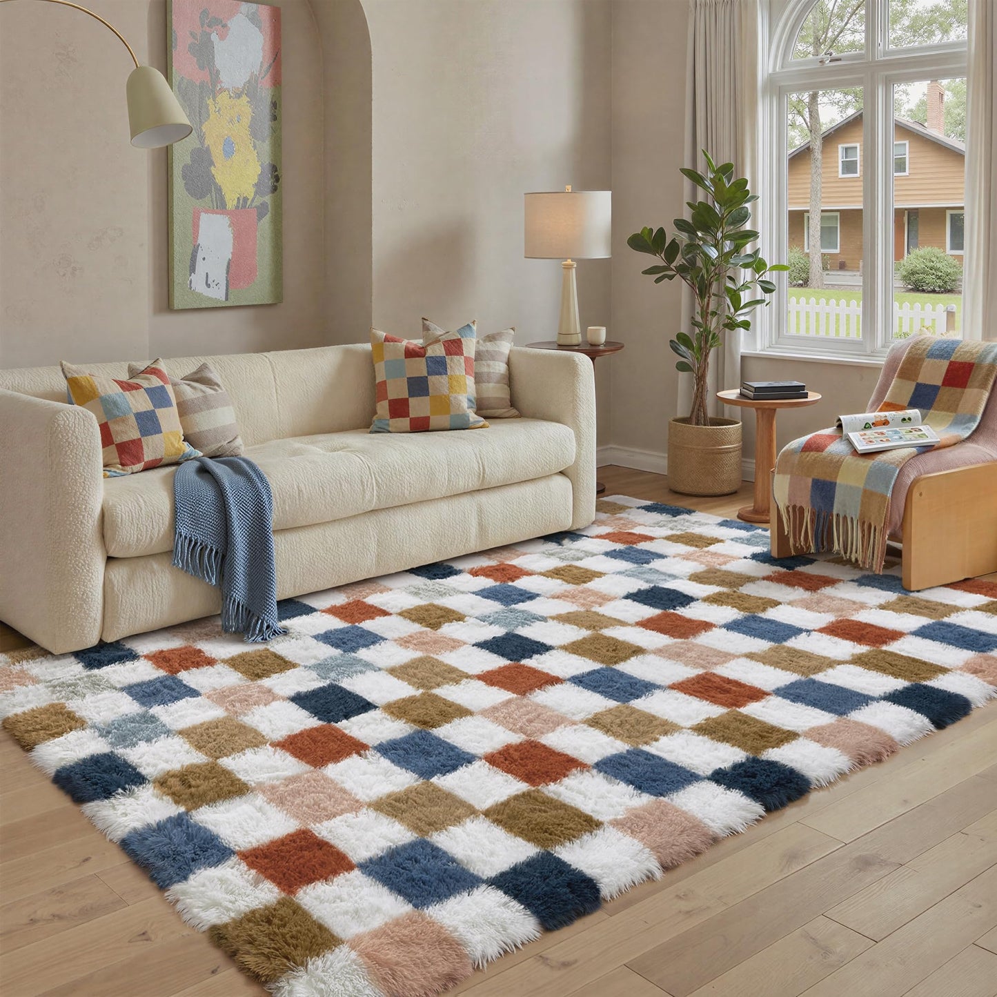 PureCozy Checkered Rug 5x8 for Living Room, Modern Rainbow Shag Rug Super Soft Washable Indoor Fuzzy Carpet Non-Slip Fluffy Rugs for Bedroom Home Aesthetic Decor