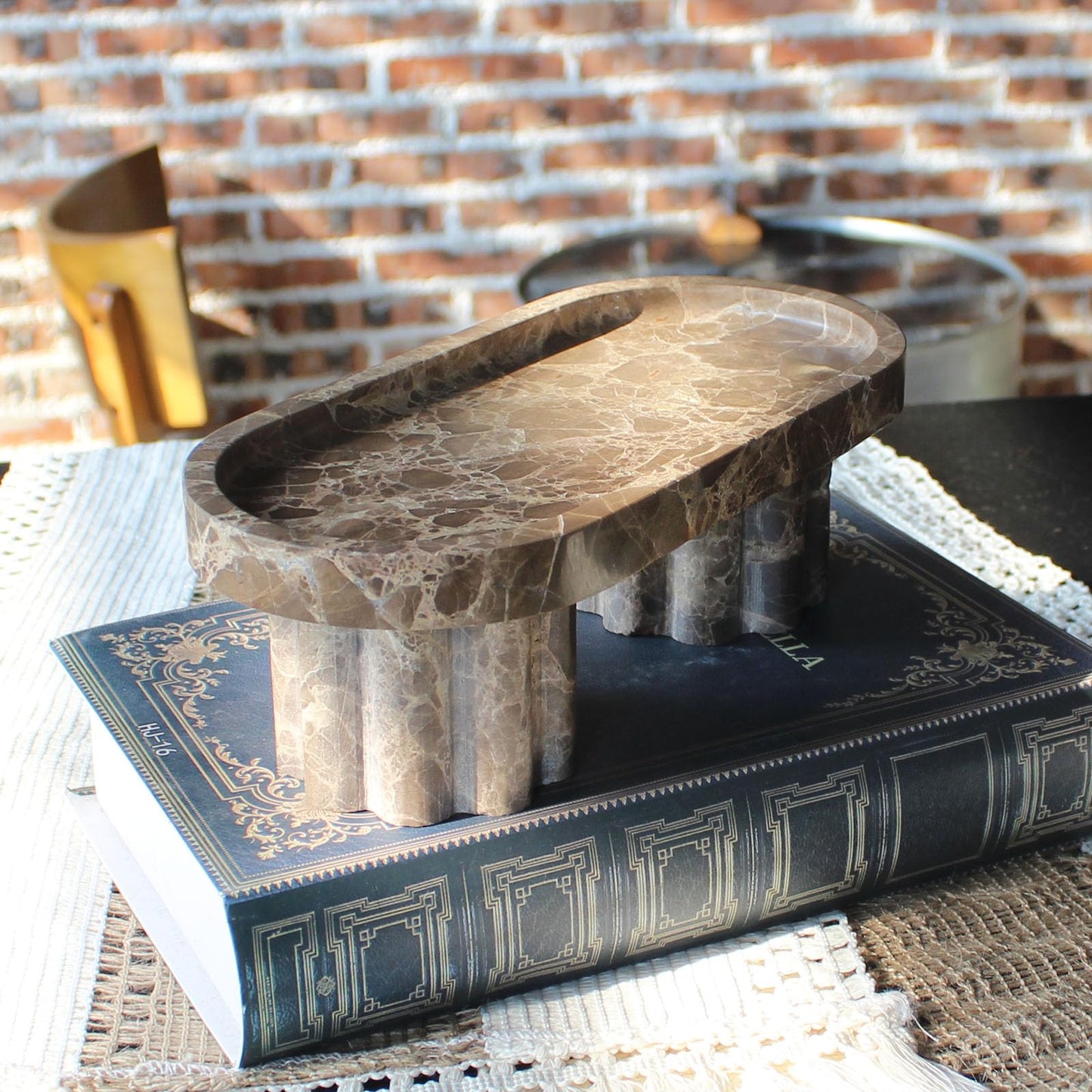 Natural Travertine Marble Oval Tray with 2 Legs, 10" Vanity Decorative Tray for Countertop Organizer, Catchall Tray for Perfume, Candles, Jewelry Dishv
