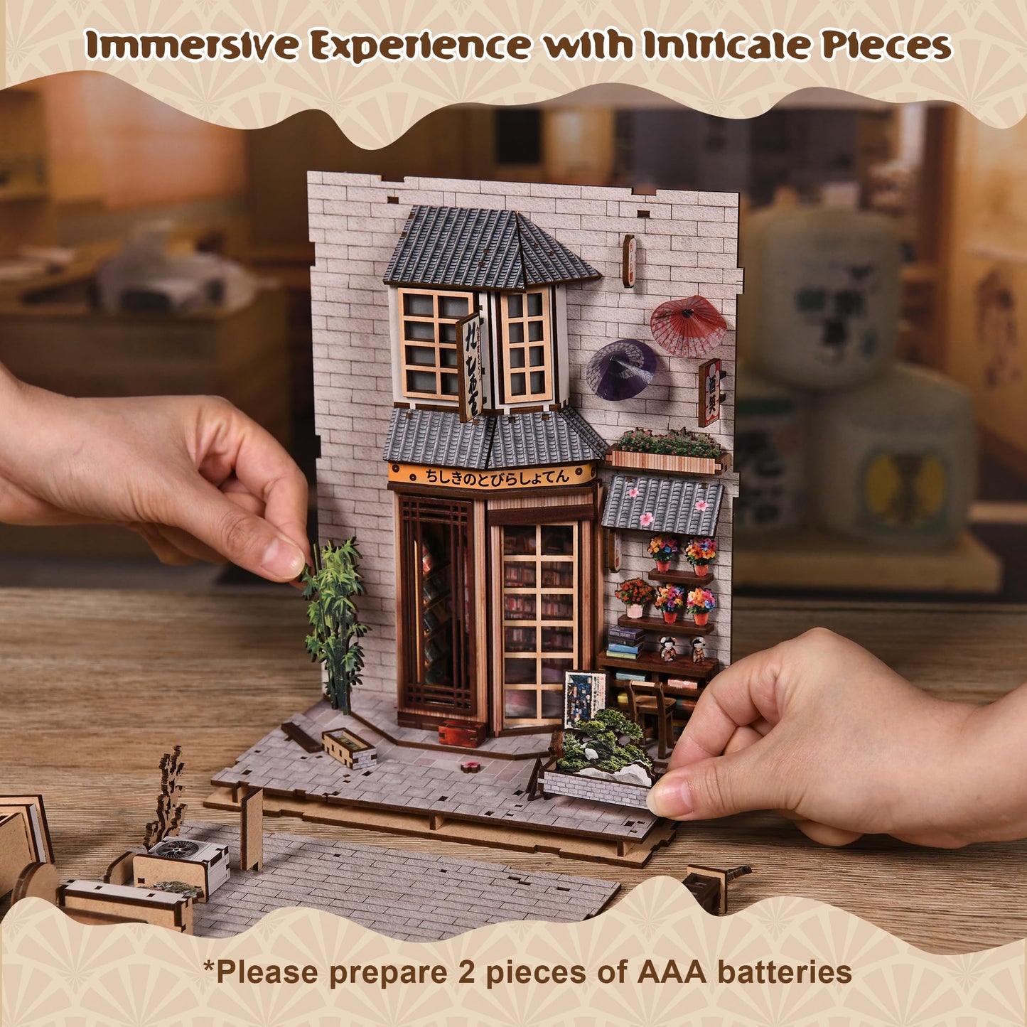 Soothee DIY Book Nook Kit, Japanese Alley Waiting for the Cat Theme, Wood Miniature Model with LED Lights, 3D Puzzle for Adults