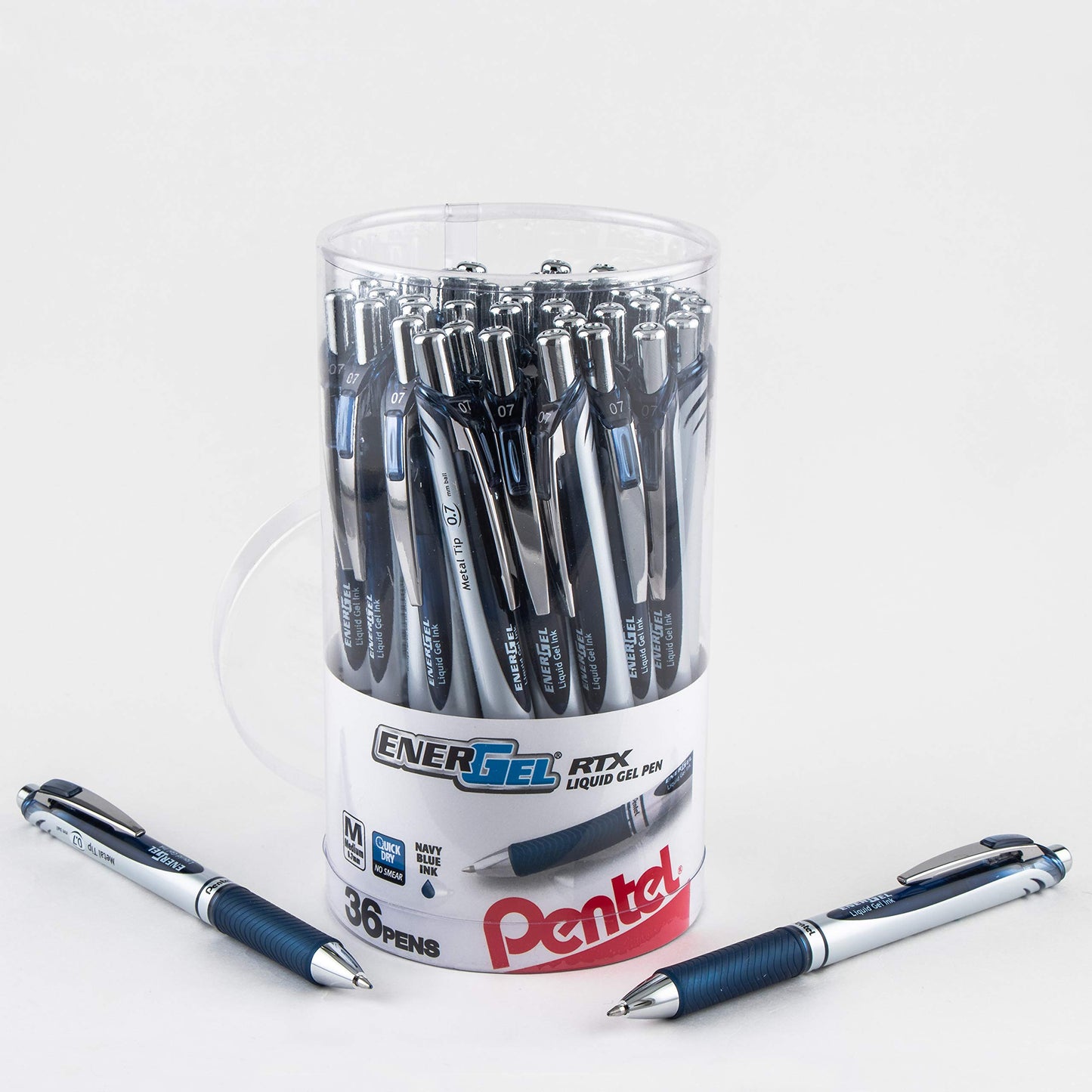 Pentel EnerGel RTX Retractable Liquid Gel Pen Canister, 0.7mm, Medium Line Blue Ink, (BL77PC36C) (Pack of 1, 36 Count Total)
