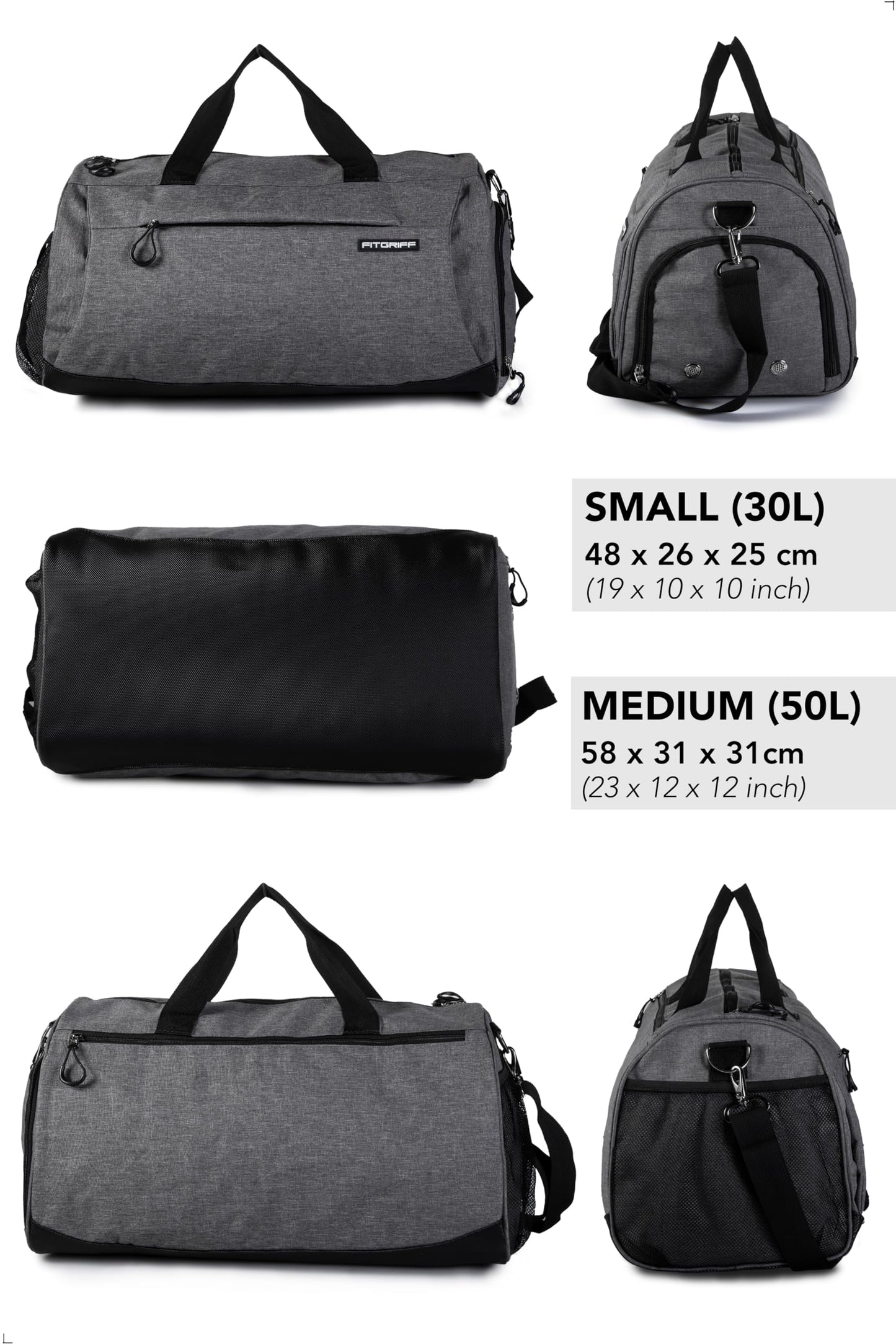 Fitgriff® Gym Bag for Men & Women with Shoe & Wet Compartment - Duffle Bag for Travel, Sports, Fitness & Workout (Grey, 23 x 12 x 12″ (M))