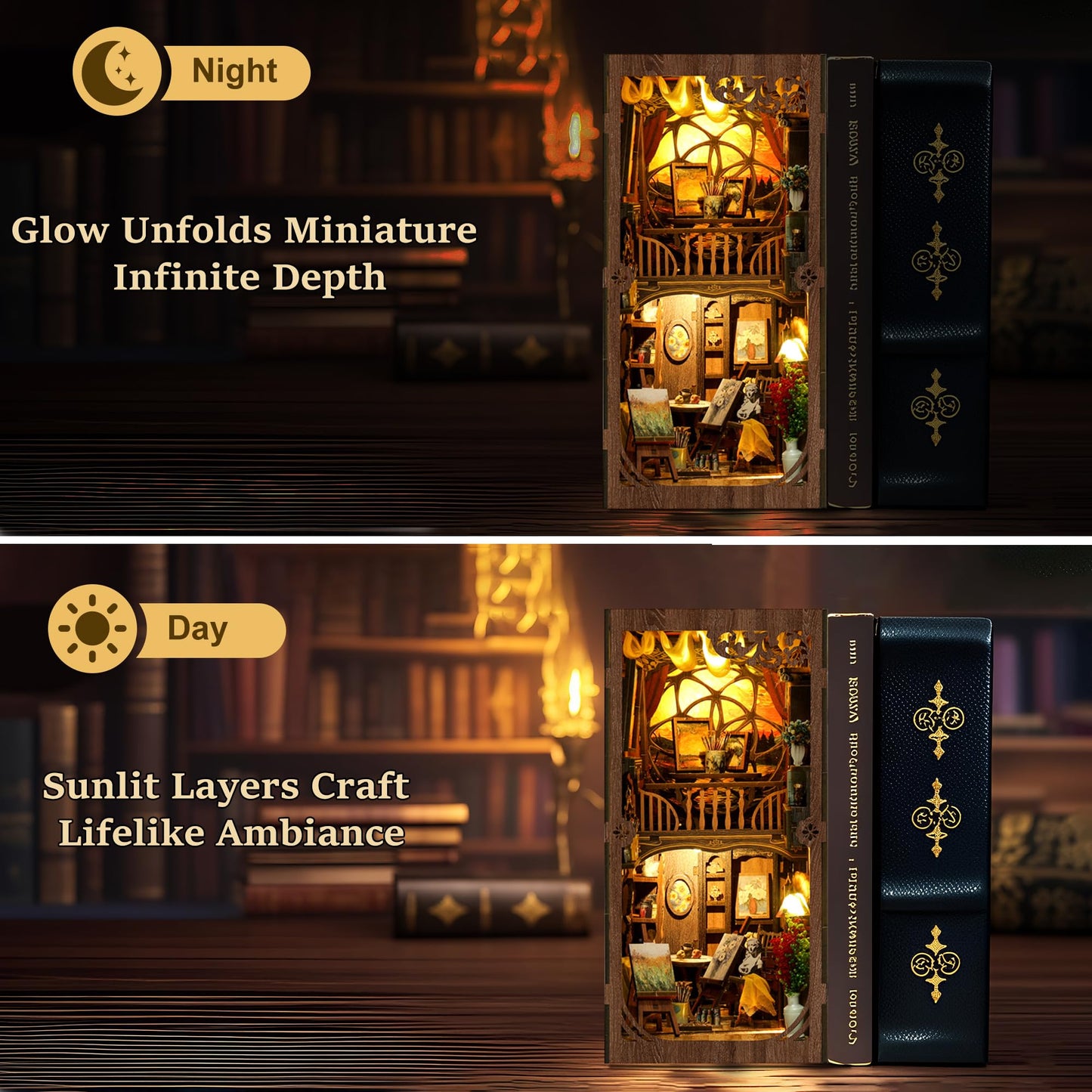 CRIOLPO DIY Book Nook Kit - DIY 3D Wooden Puzzle Miniature Bookshelf Decor with Sensor LED for Book Lovers and Collectors
