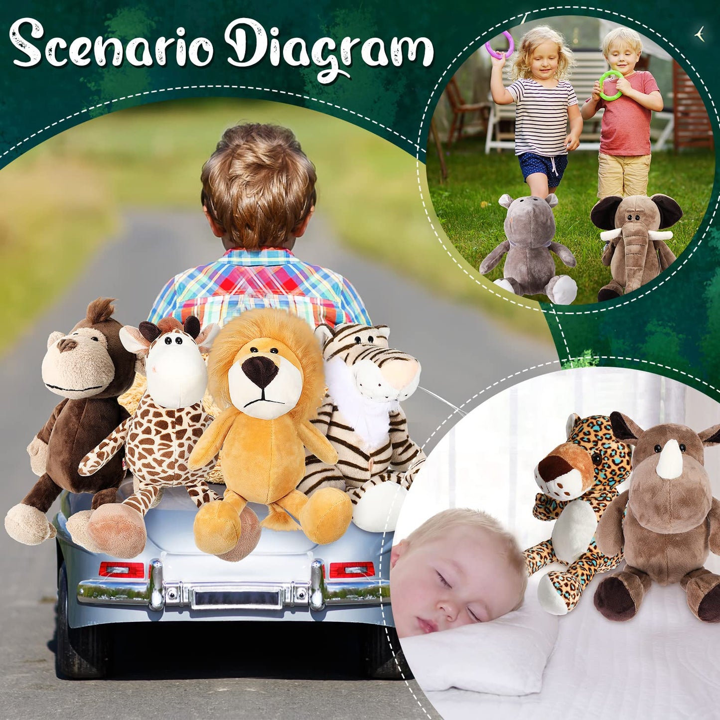 12 Pieces Safari Stuffed Animals 11.8 Inch Jungle Animal Toys Set for Boys Girls Plush Forest Lion Elephant Zebra Giraffe Tiger Monkey for Zoo Party Teacher Student Award (Cute Style)