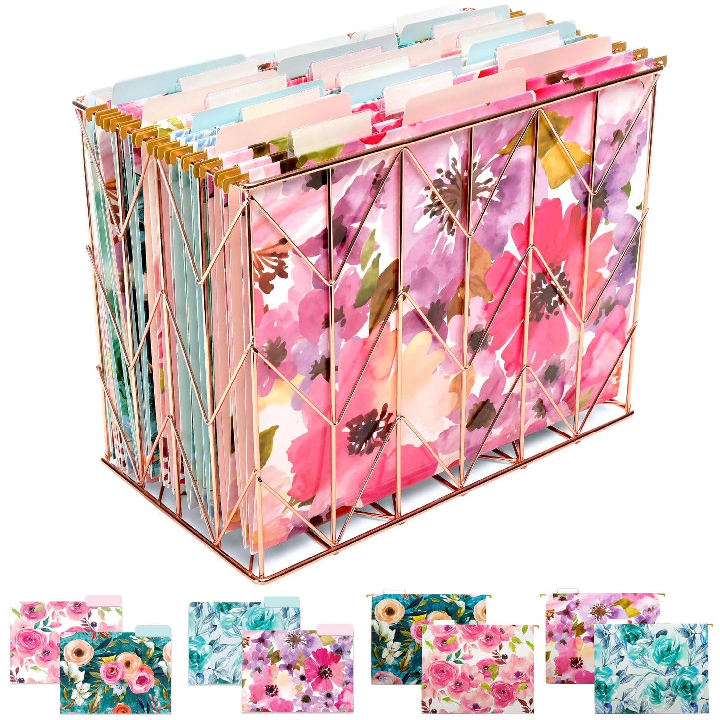 Global Printed Products Deluxe Designer Hanging File Folder Kit, Includes Metal Hanging Basket, 12 Hanging Folders, 24 File Folders, 1/3 Cut Tab, Assorted Positions, Letter Size (Floral)