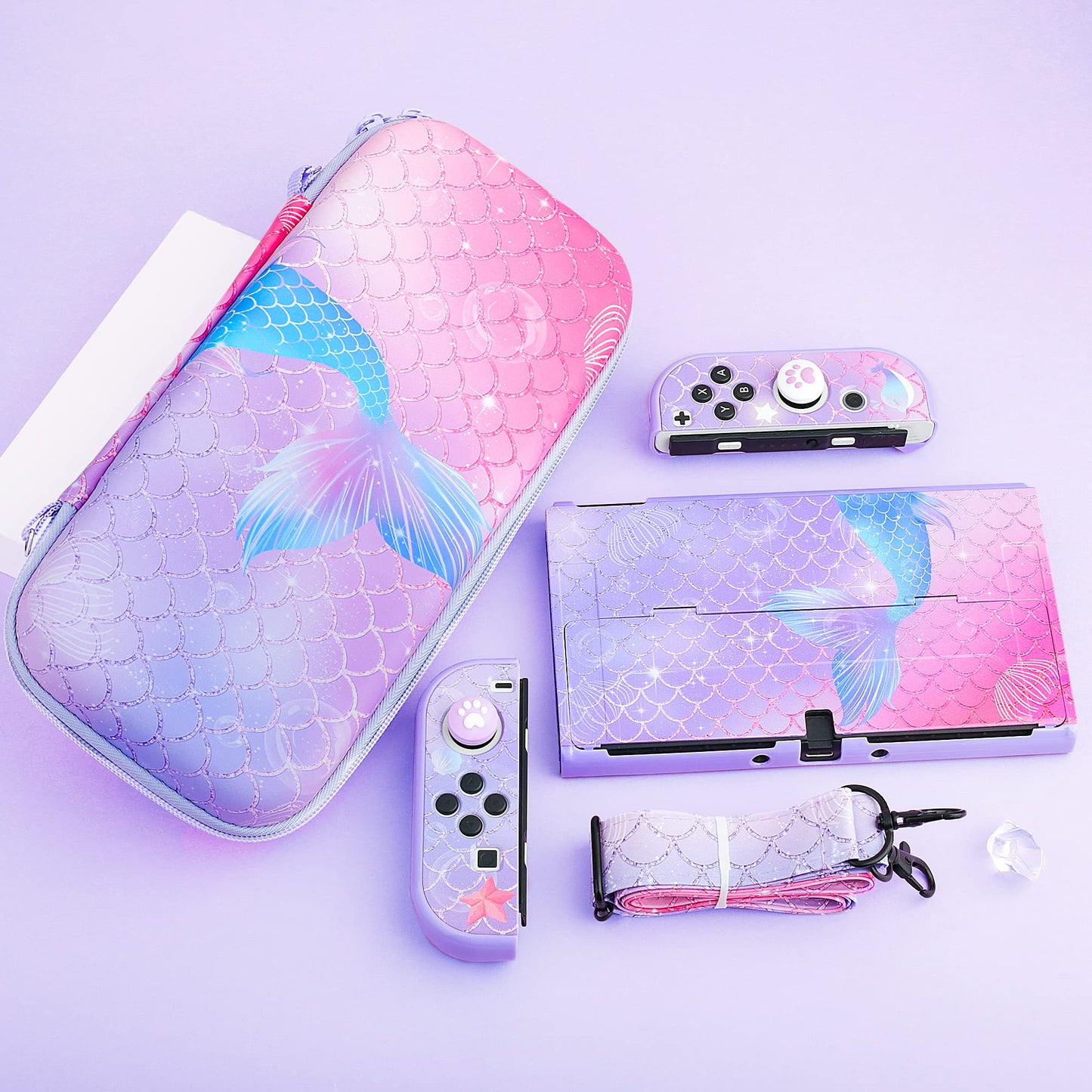 RHOTALL Purple Carrying Case for Nintendo Switch OLED, Cute Storage Case for Switch OLED Accessories with Hard Protective Case, Screen Protector, Adjustable Shoulder Strap and 2 Thumb Caps for fish