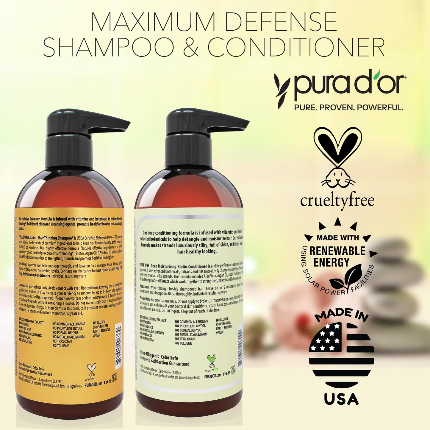 PURA D'OR MD Anti-Thinning Biotin Shampoo & Conditioner Set (16oz x2) Maximum Defense Coal-Tar Strong Scented DHT Blocker Hair Thickening Products For Women & Men, Daily Shampoo For Scalp Health