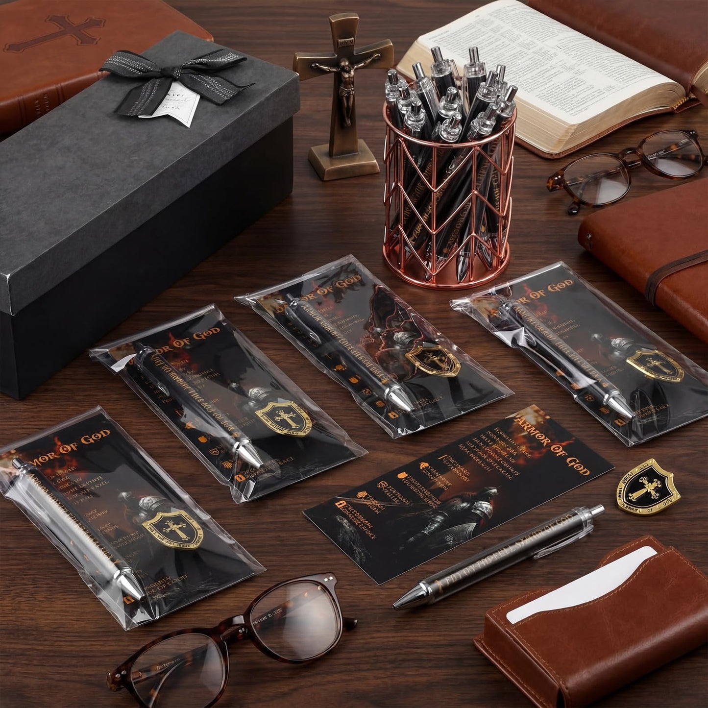 Sayglossy 200 Pcs Armor of God Gifts Bulk, Fathers Day Christian Church Gifts Ballpoint Pen and Inspirational Bookmark, Pins, Opp Bags for Men Pastor Church Group