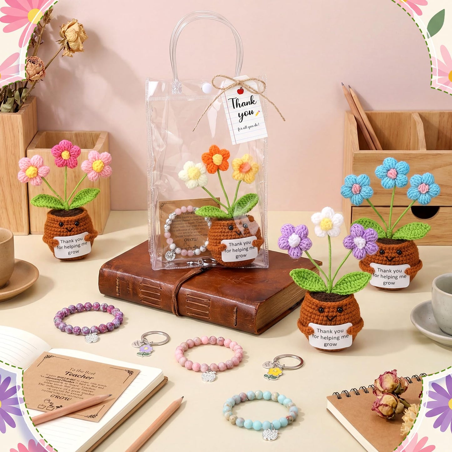 Wavwavw 4 Sets Teacher Appreciation Gifts Bulk Include Crochet Flower Dolls Thank You Crochet Gift Bracelets Keychains Appreciation Bags with Cards Tags End of Year Teacher Gifts(Puff Flower)