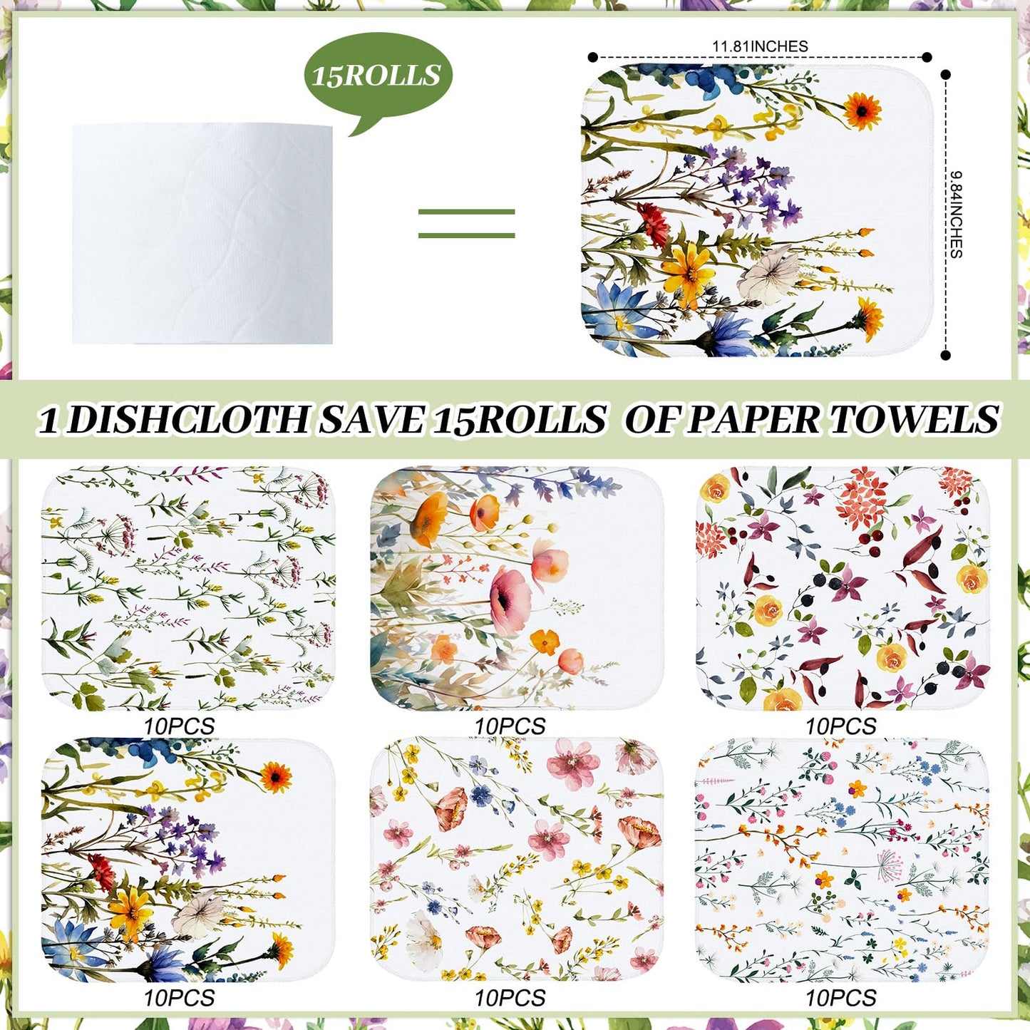 Noveread 60 Pack Reusable Cleaning Cloths Washable Cotton Kitchen Dish Towels for Home Party Supplies Bulk, 9.84x11.81in (Wildflowers)