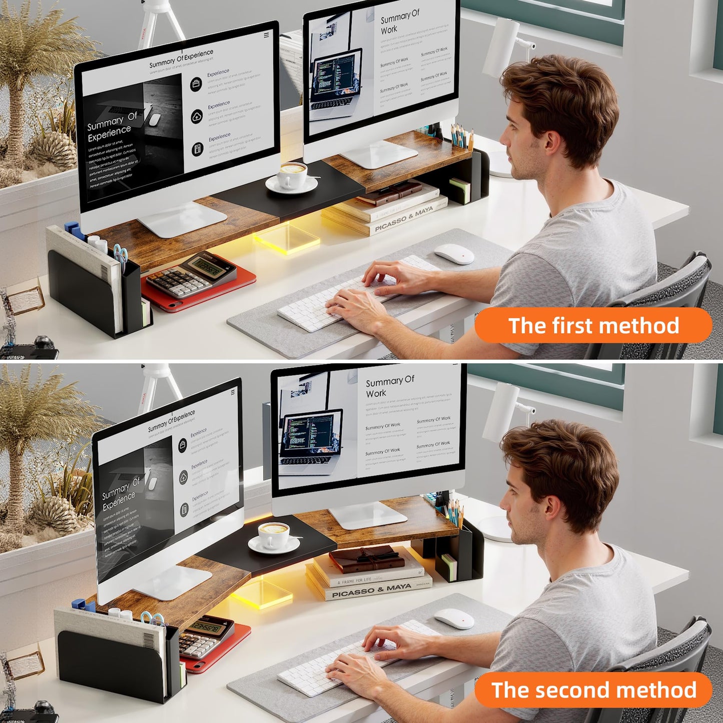 WESTREE Dual Monitor Stand Riser with Pen Holder, Computer Monitor Riser with Adjustable Angle and LED Light, Desktop Monitor Stand Riser Storage Organizer for Computer, Laptop, Printer, TV