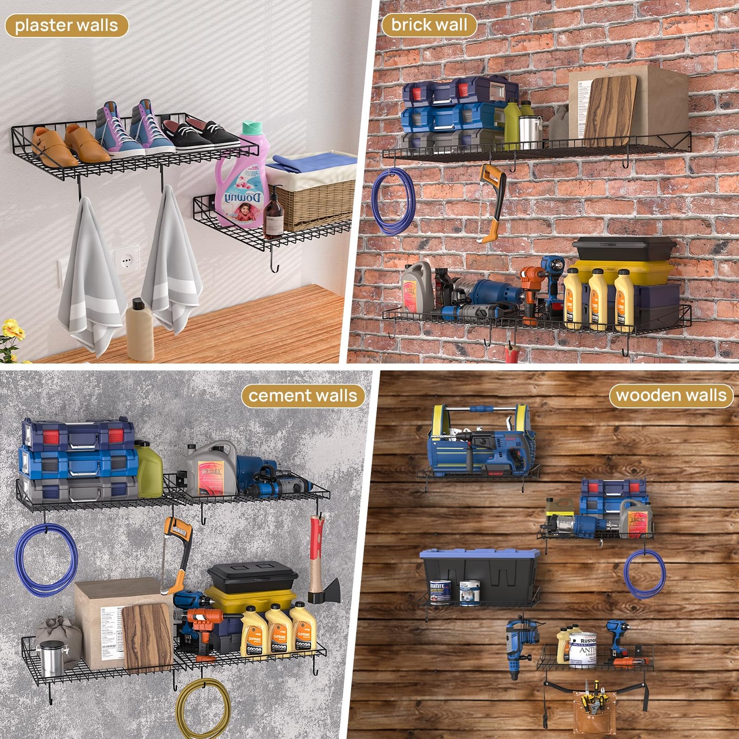4 Pack Garage Wall Shelf, Garage Wall Mounted Shelving, Heavy Duty Floating Shelves With 8 Hooks, Loads 180 LBS Black Wall Shelves Mesh Storage Rack for Office, Basement, Wall Cabinet and Kitchen