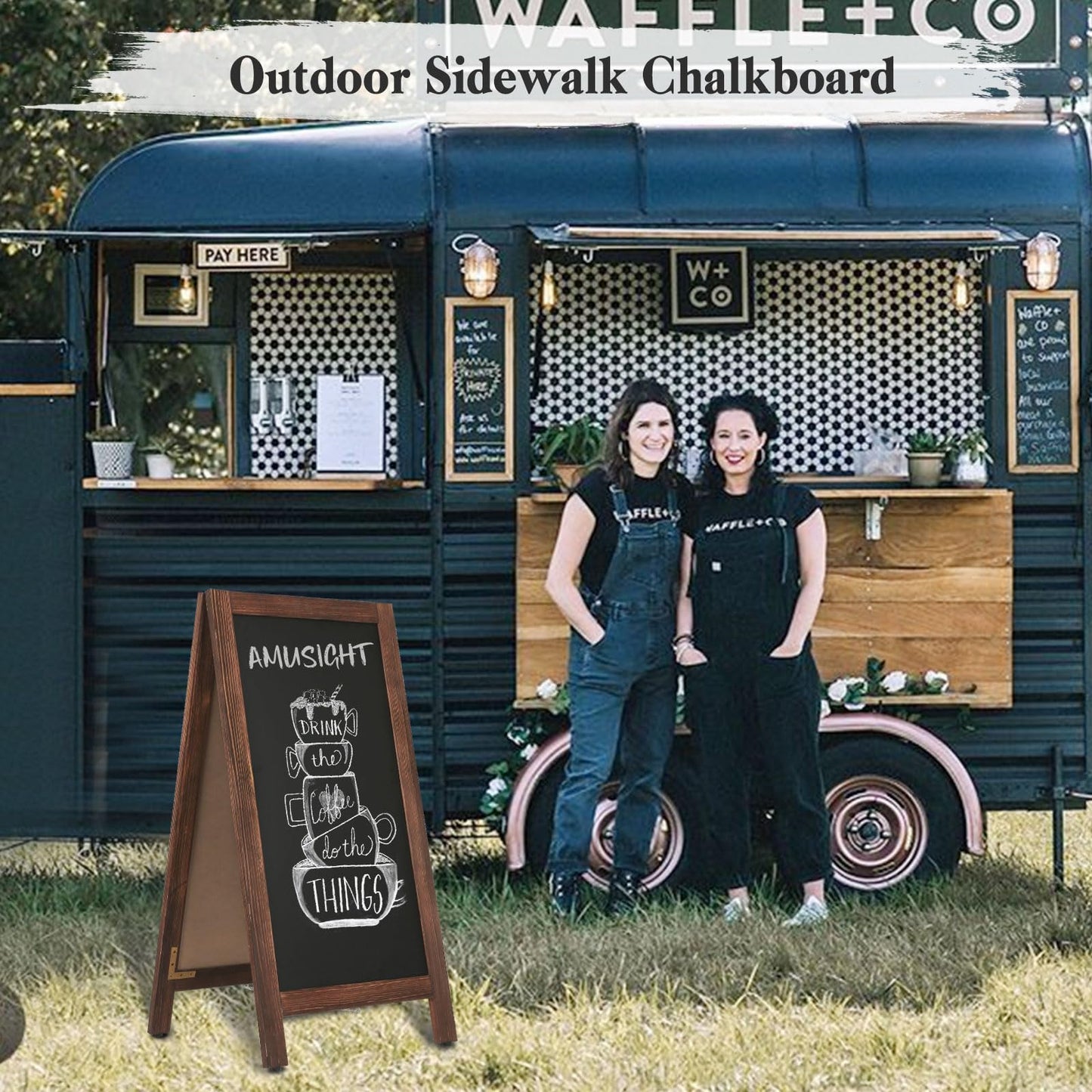 AMUSIGHT Wooden A-Frame Sign, Magnetic 40" x 20" Brown Chalk Board Sign Board, Double-Sided Sandwich Board Signs Outdoor, Chalkboard Easel, Menu Board for Restaurant, Business or Wedding