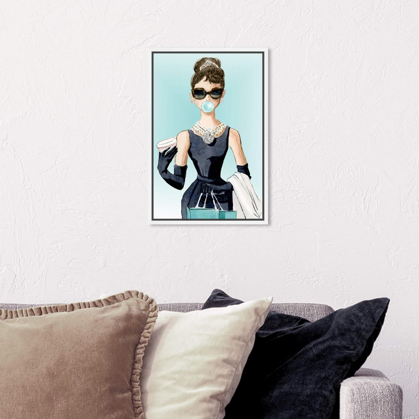 The Oliver Gal Artist Co. People and Portraits Framed Wall Art Canvas Prints 'Bubble Gum and Diamonds' Celebrities Home Décor, 10 in x 15 in, Blue, Black