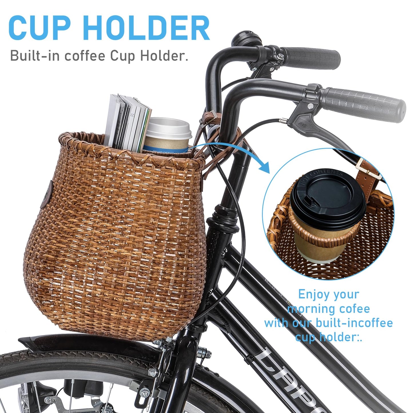 CXWXC Bike Basket - Handmade Rattan Bike Baskets for Girls Women - Front Bicycle Bike Basket with Coffee Cup Holder for Beach Cruiser, Scooter, Ebike (Brown)