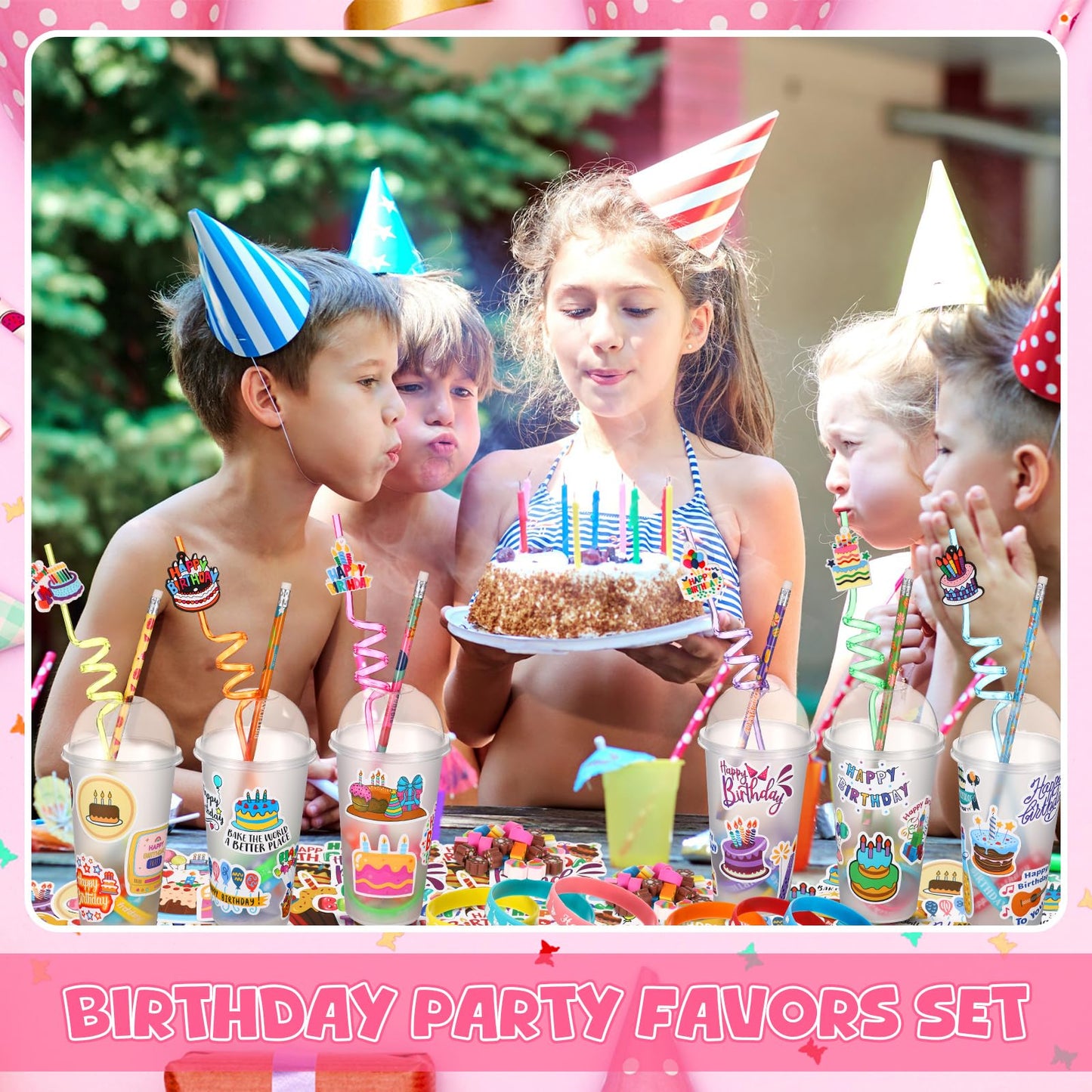 Baderke 24 Sets Birthday Gifts Party Favors Set Include Reusable Cups with Dome Lids Straw Decoration Pencil Heart Eraser Silicone Bracelet Stickers (Style A)