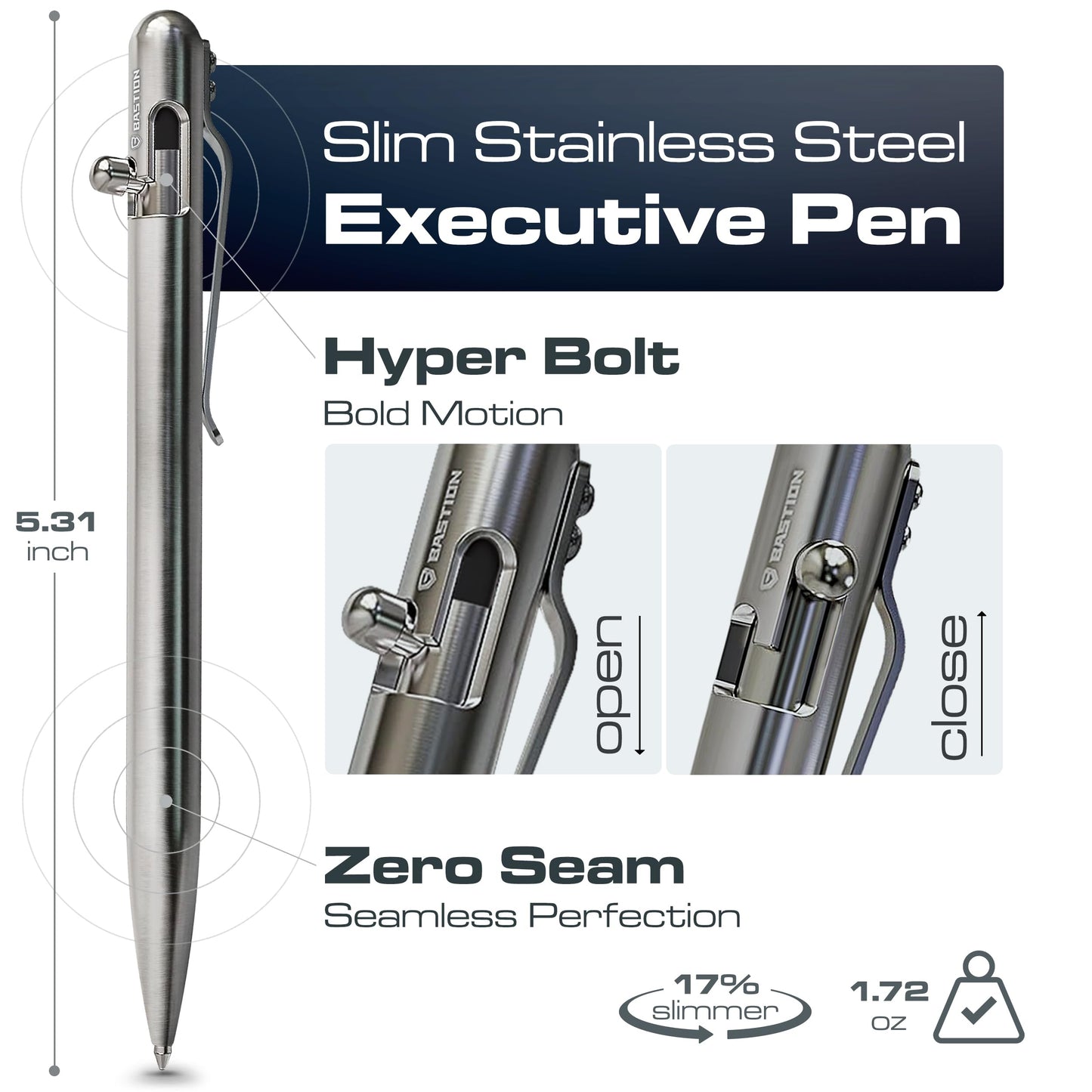 BASTION Bolt Action Pen, Stainless Steel Silver Slim, HyperBolt & ZeroSeam EDC Pen, Refillable Metal Writing Pen, Premium Graduation Gift, Executive Pocket Pen