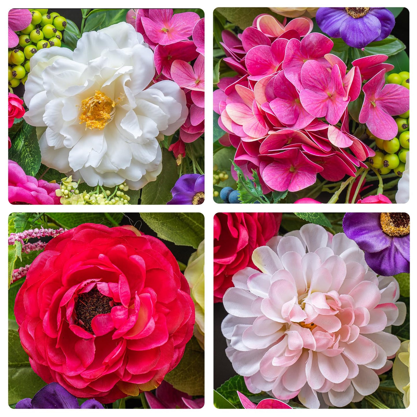 Pinkpuii Spring Wreaths for Front Door 24 Inch Lush Spring Door Wreath with Pink Peonies, Roses, White Blooms & Greenery, Garden Style Summer Flower Wreath for Front Porch, Entryway & Wall Window