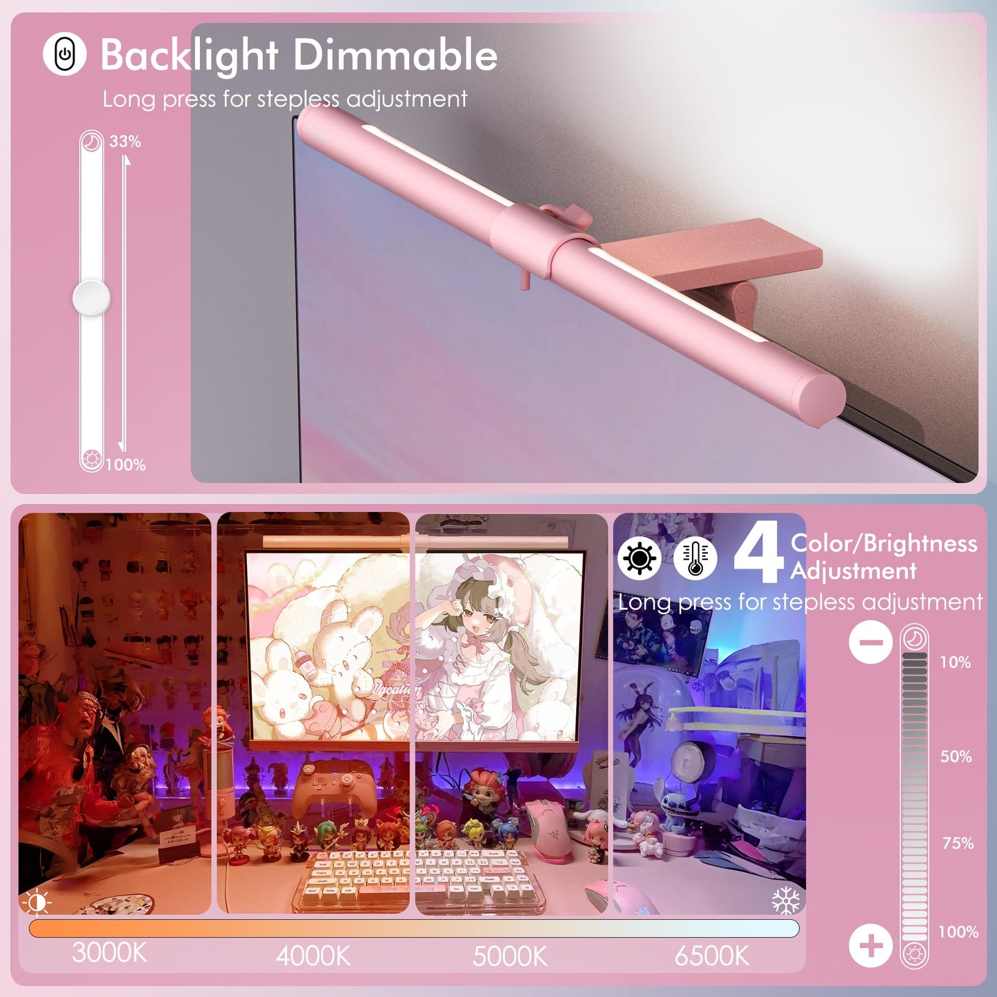 Quntis Pink Monitor Light Bar with Remote, Eye-Care No Glare, Space Saving Computer Desk Lamp As Gifts for Girls, Stepless Dimming, Modern Aesthetic Desk Light Bar for Home Office Gaming Reading