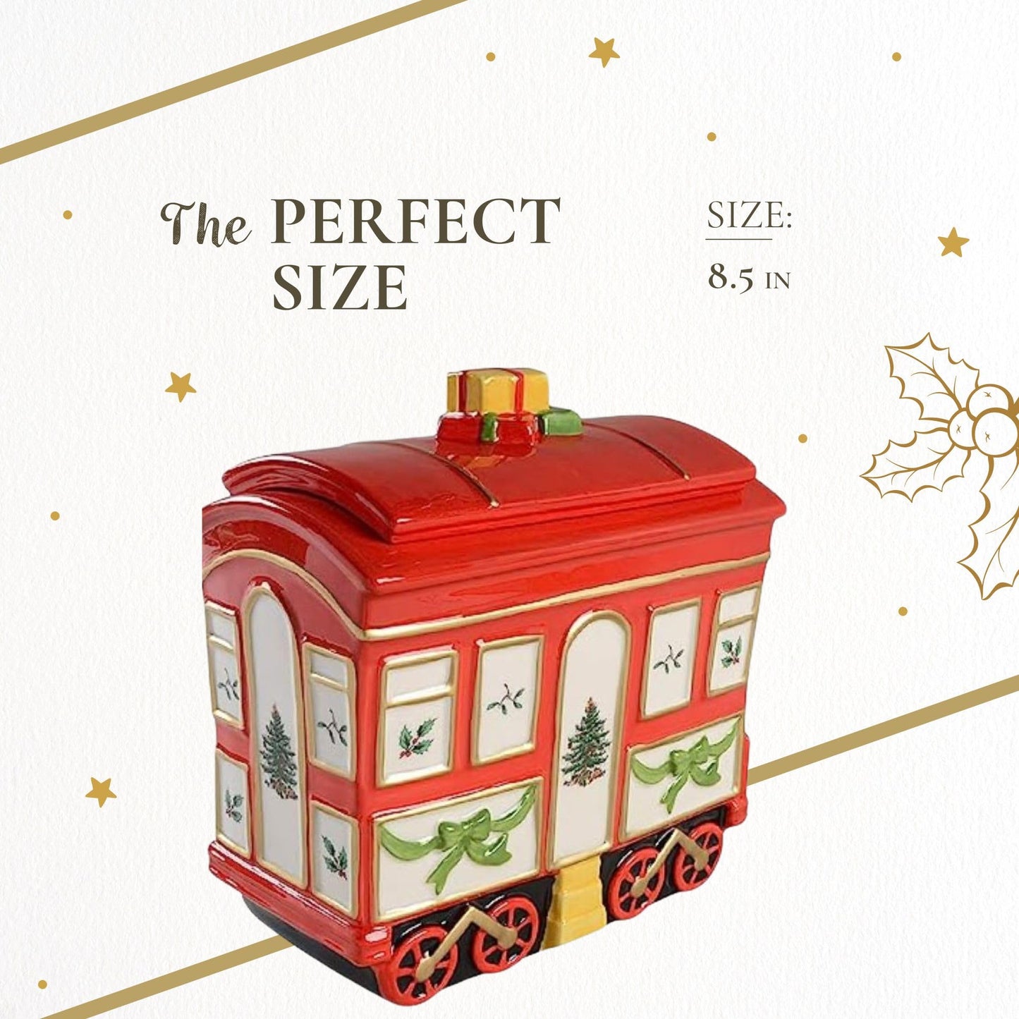 Spode Christmas Tree Cookie Jar with Lid, 8.5" Ceramic Holiday Train Car Dish for Cookies, Candy, Nuts - Festive Christmas Home Decor & Holiday Treats Jar - Great for Collectors
